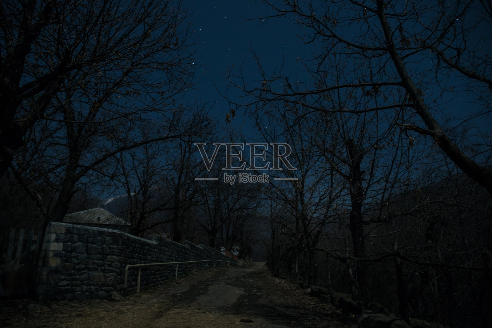 夜晚宁静村庄的满月。美丽的夜景老城区街道与灯光照片摄影图片