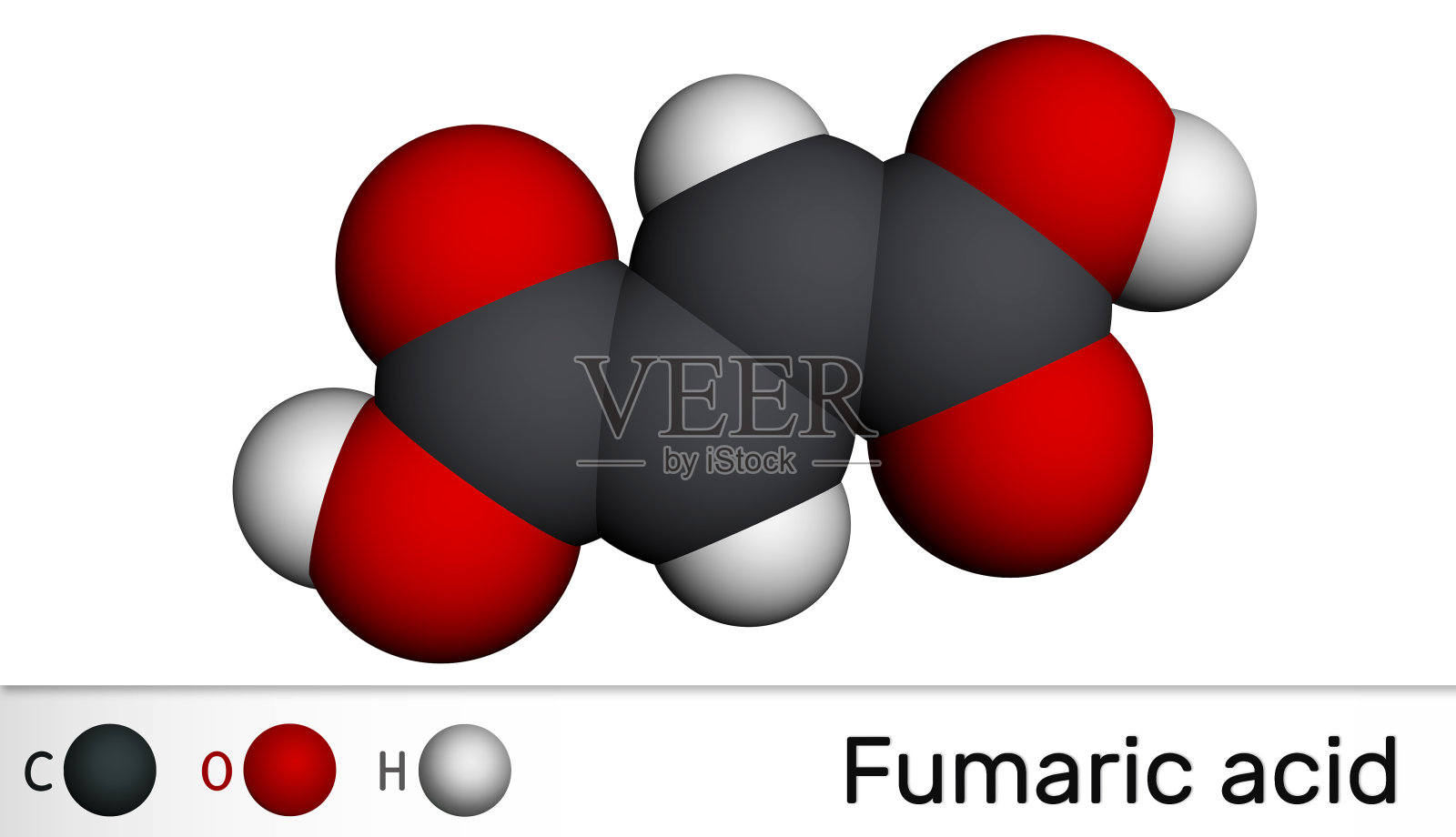 反丁烯二酸，C4H4O4分子。它是不饱和二羧酸，食品添加剂E297。分子模型插画图片素材