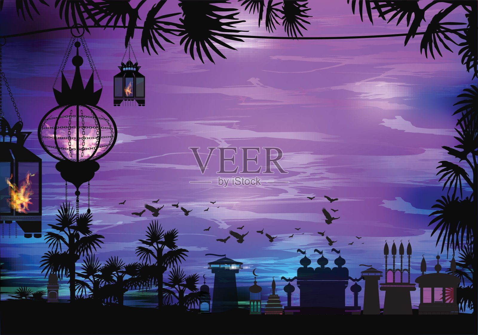 斋月。树上的灯笼。夜空中的光插画图片素材