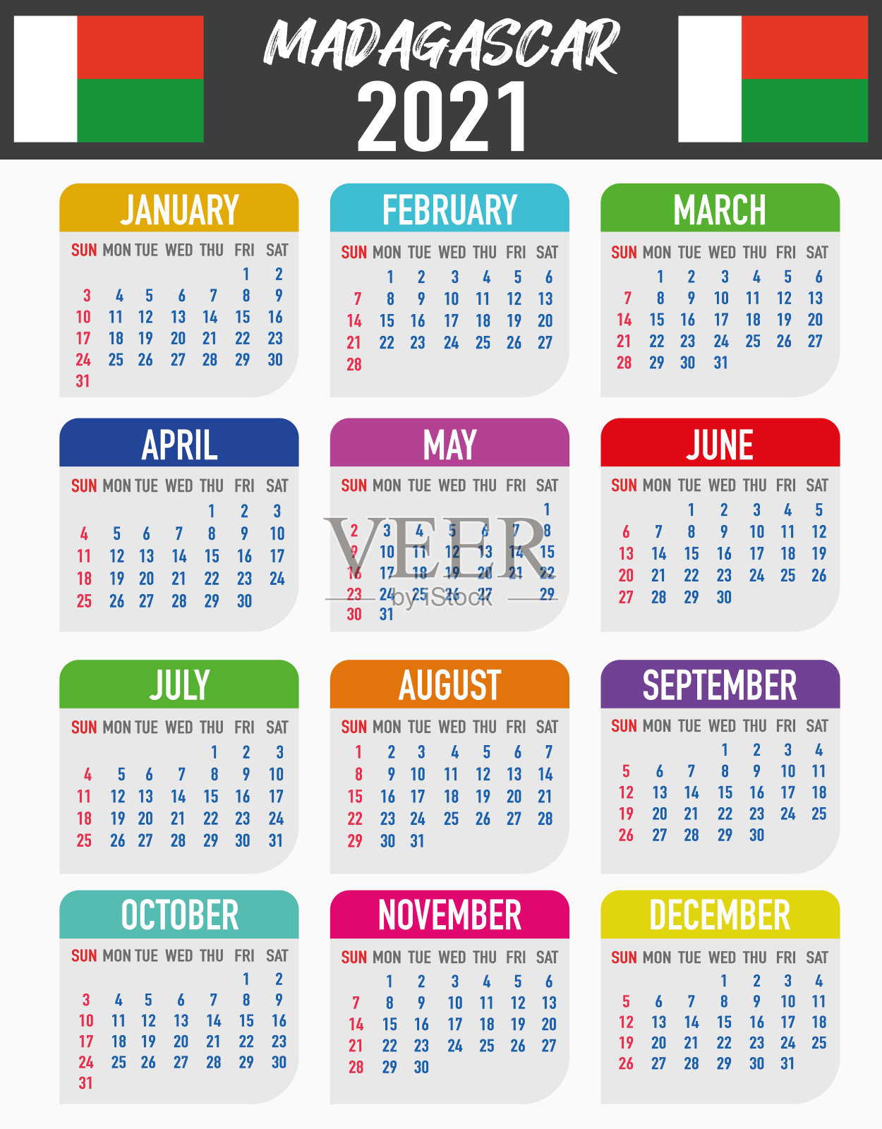 带有国旗的马达加斯加日历。月、日、周。色彩缤纷的调色板，时尚简约的平面设计。矢量插图背景为网络，桌面，商业，提醒，计划，排版插画图片素材