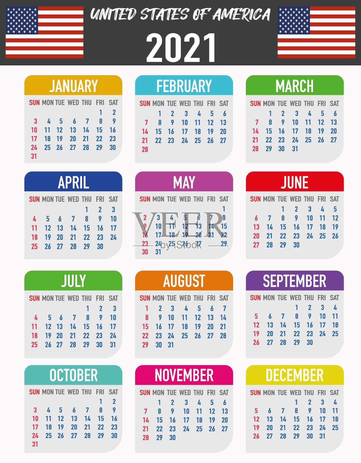 有国旗的美国日历。月、日、周。色彩缤纷的调色板，时尚简约的平面设计。矢量插图背景为网络，桌面，商业，提醒，计划，排版插画图片素材