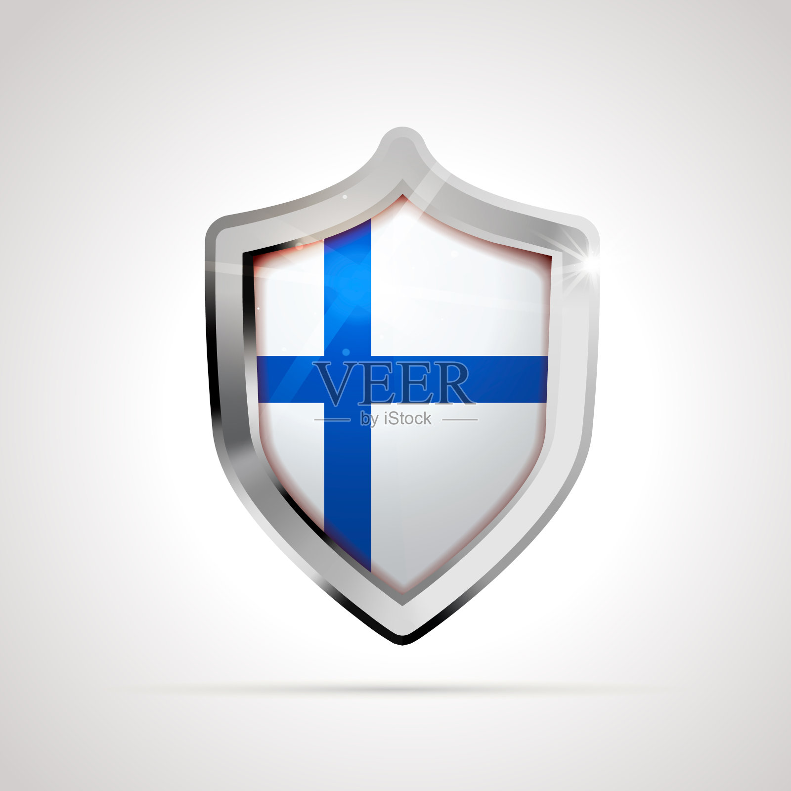 一面芬兰国旗投射在白色背景上，像一个光滑的盾牌插画图片素材