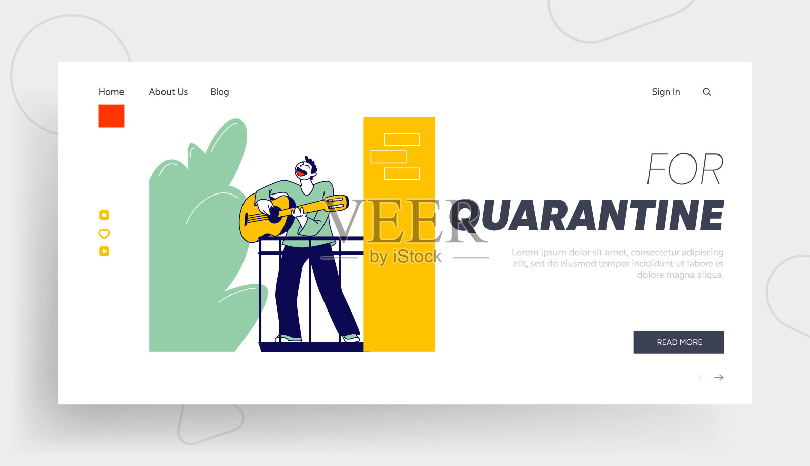 人们呆在家里以避免传染性感染登陆页面模板。新冠肺炎疫情隔离期间，男子站在阳台上弹吉他唱歌。线性向量插图插画图片素材