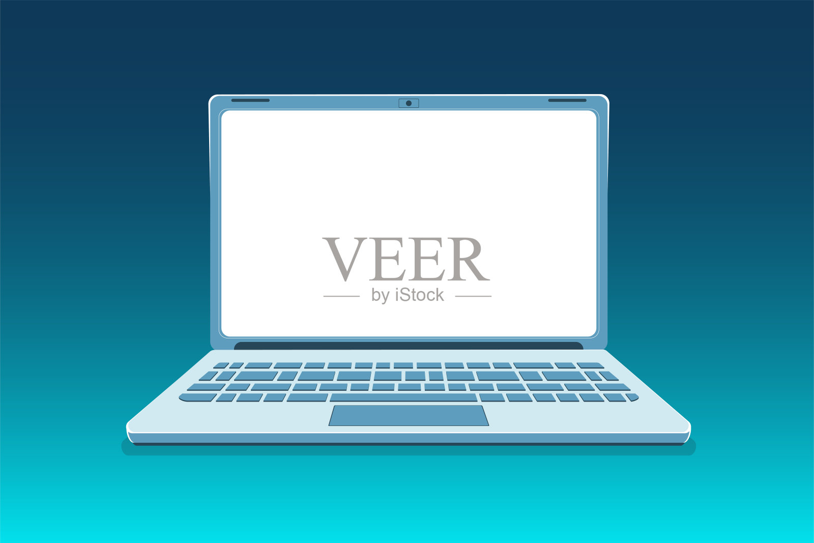 打开笔记本电脑模型前视图在现代蓝色背景。技术矢量插图无边框与空白屏幕。监控复制空间。光线清晰的框架设计。计算机技术的模板设计元素图片