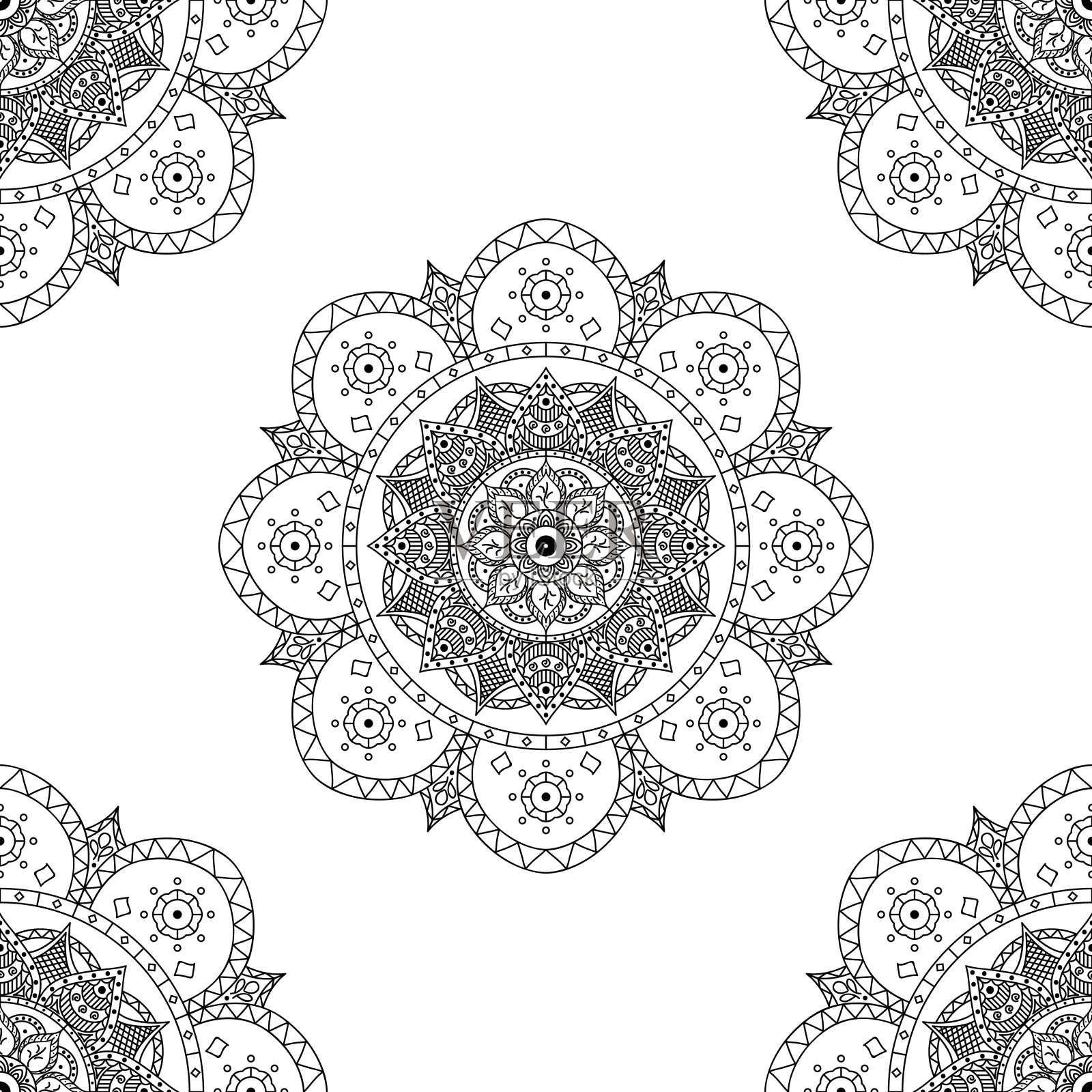 曼陀罗无缝黑白图案。伊斯兰教，阿拉伯语，巴基斯坦，摩洛哥，土耳其，印度，西班牙主题。矢量插图EPS 10插画图片素材