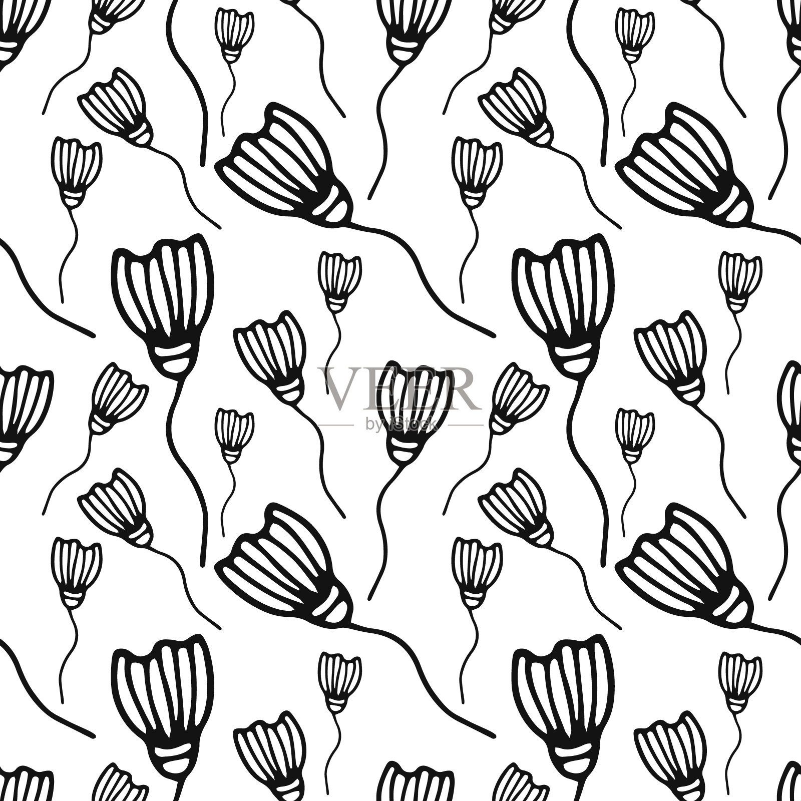 涂鸦抽象花朵无缝图案孤立在白色。儿童手绘线条艺术的生态设计。flover草图。轮廓矢量股票插图插画图片素材