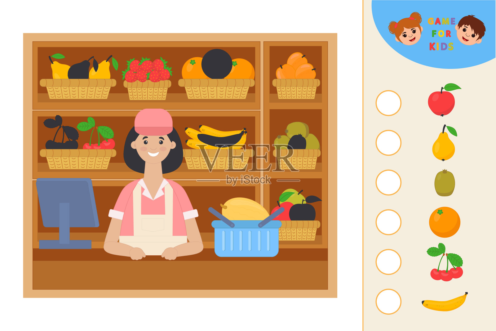 学前儿童教育逻辑游戏。孩子活动。找到合适的影子。商店货架上的水果。插画图片素材