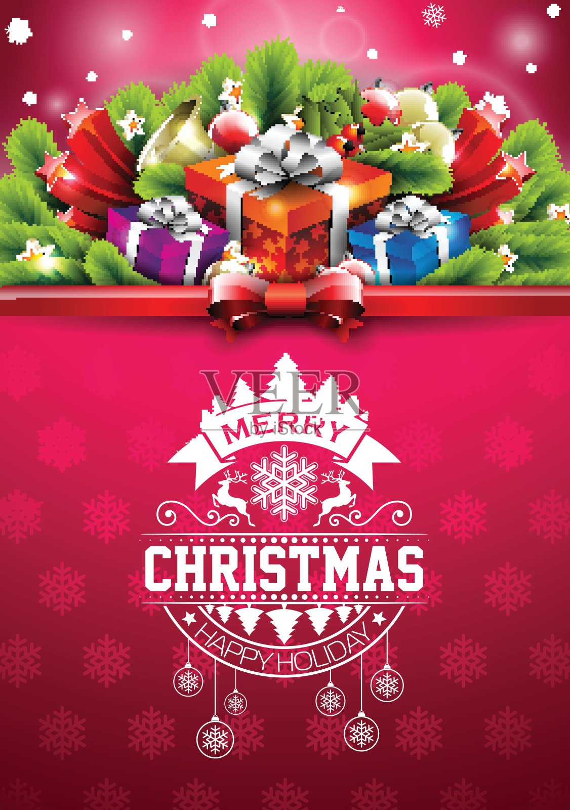 矢量圣诞快乐快乐的节日插图与印刷设计和礼物盒上的红色雪花图案背景。插画图片素材