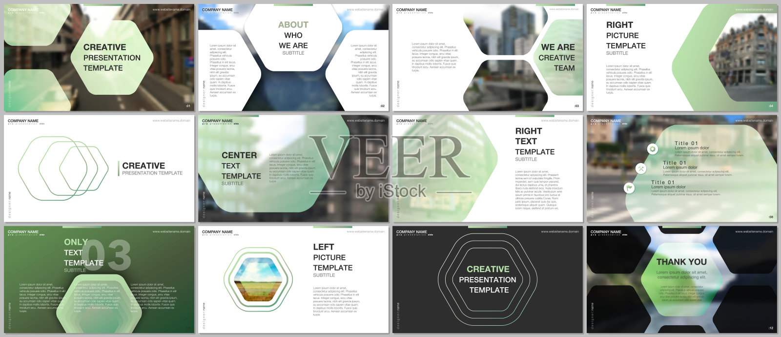 最小的展示设计，投资组合矢量模板与六角形设计绿色模式背景。多用途模板演示幻灯片，传单传单，小册子封面，报告。设计模板素材