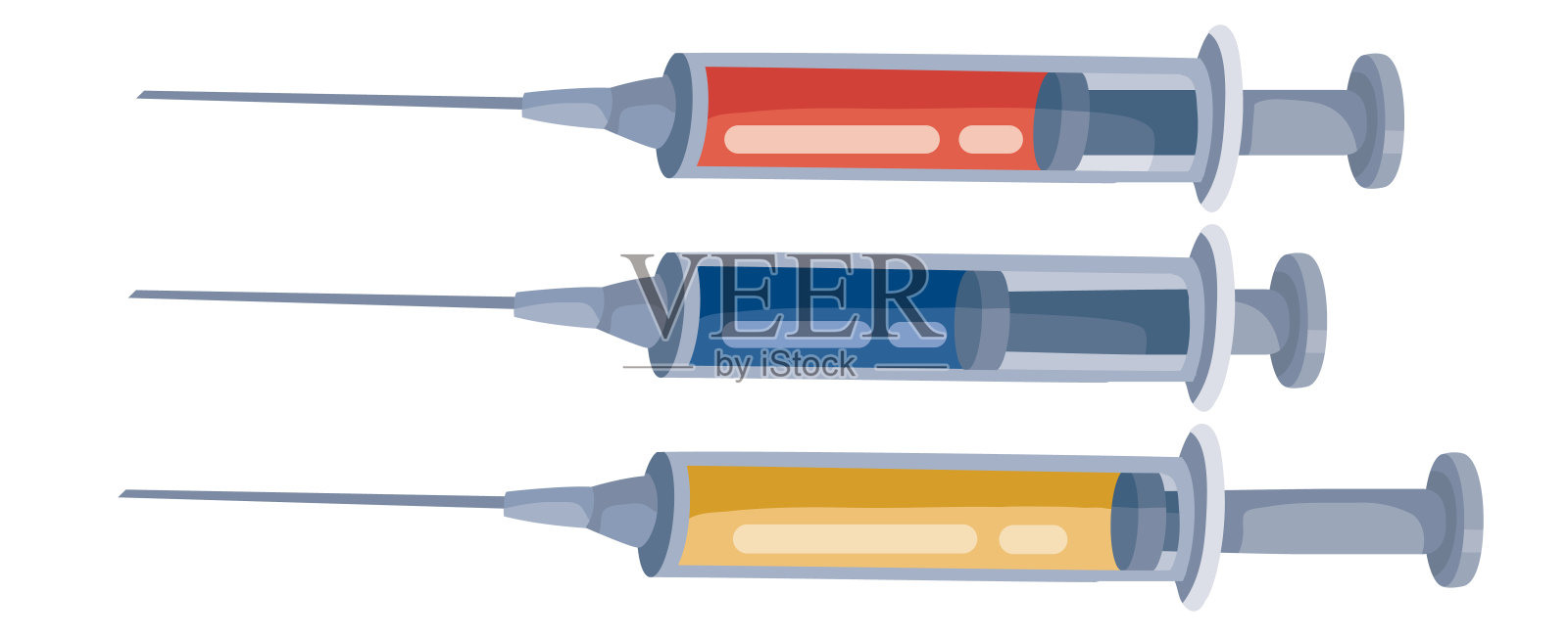 一套三支注射器，其中有不同颜色的液体棒，内部有不同的液位，白色背景上的孤立物体，矢量图，插画图片素材