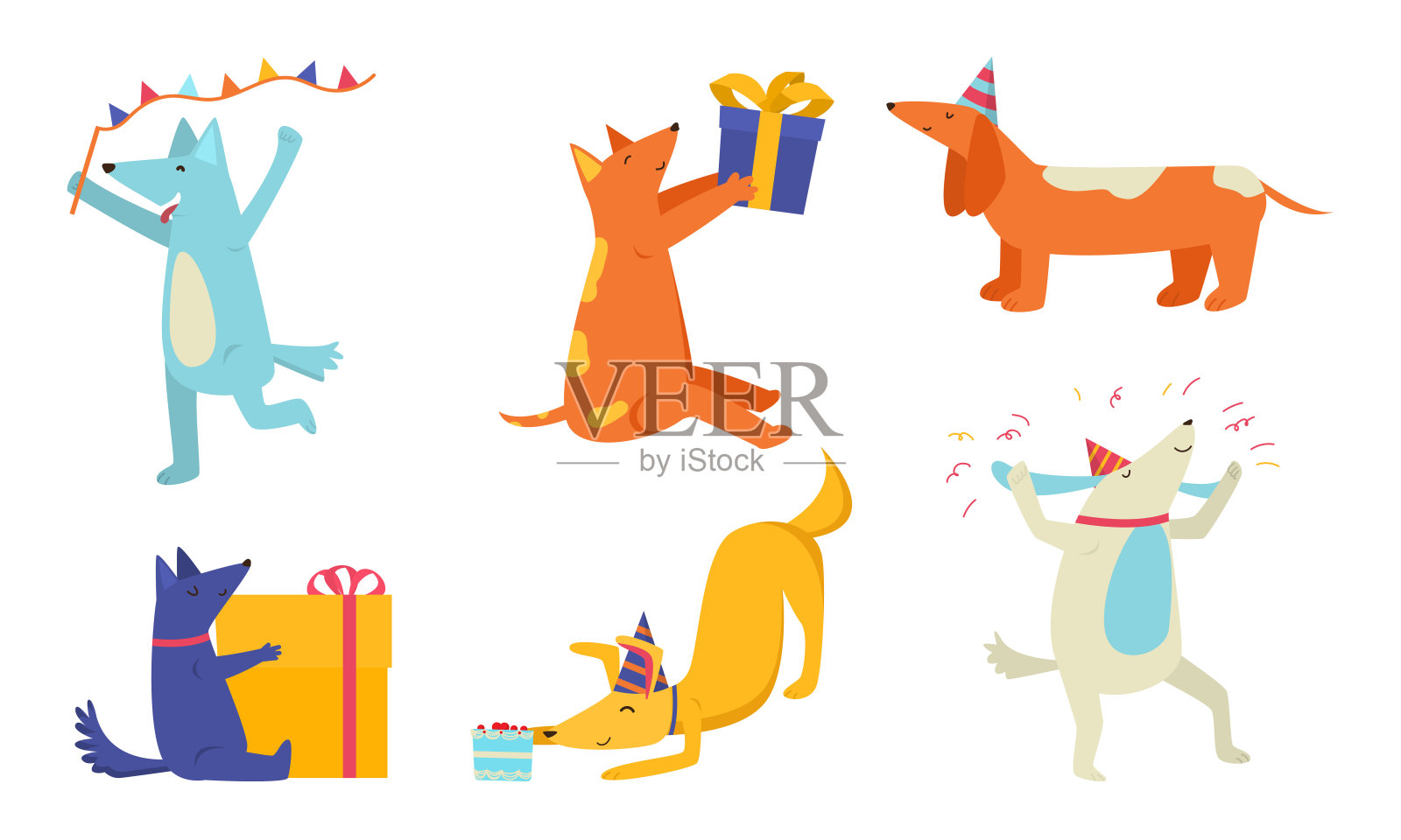 一套快乐的狗庆祝生日和持有礼物盒矢量插图插画图片素材