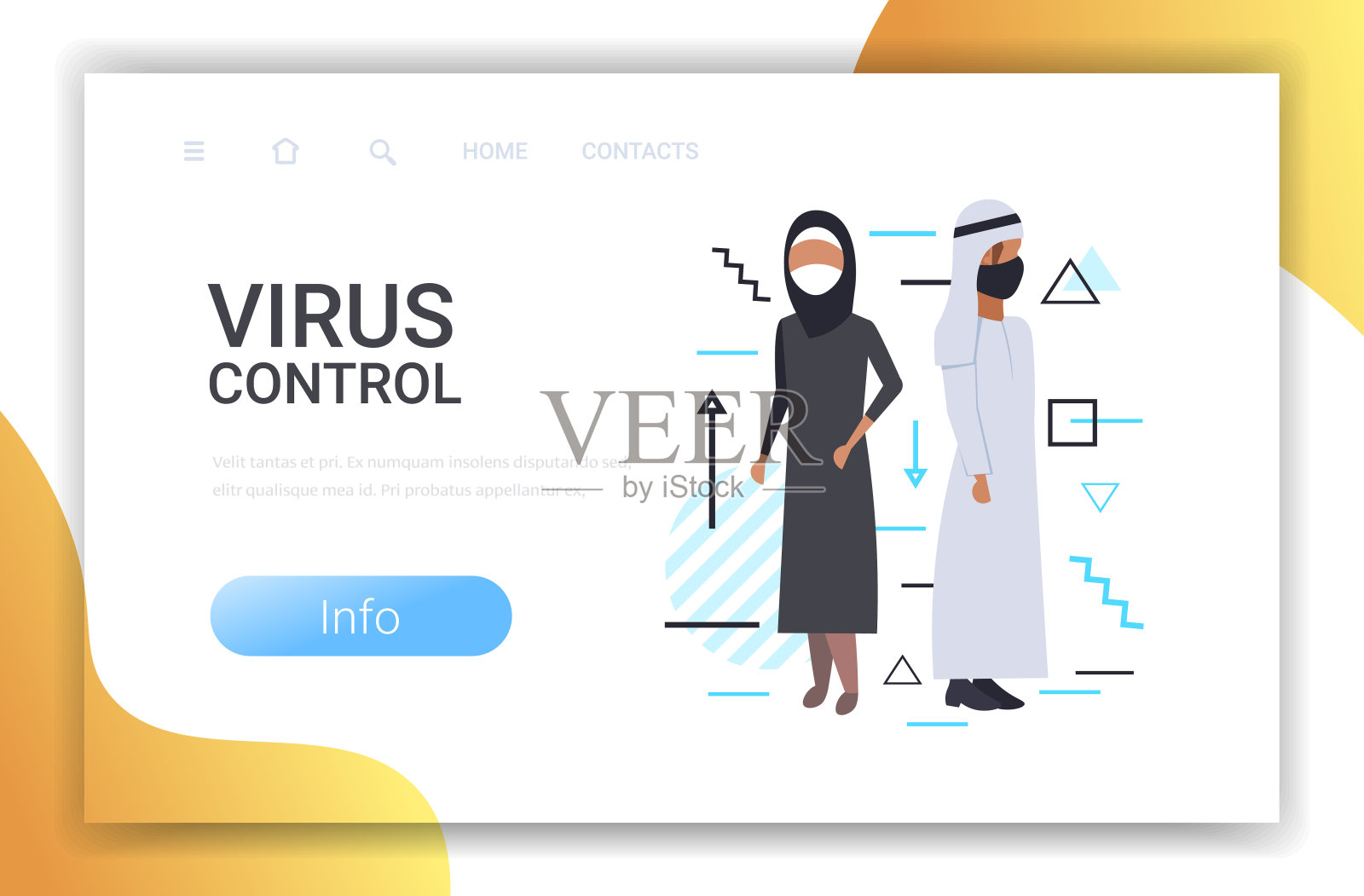 阿拉伯夫妇戴医用防护口罩，预防COVID-19病毒大流行插画图片素材