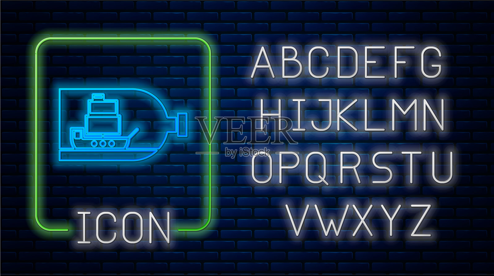 发光的霓虹灯玻璃瓶与船内的图标插画图片素材