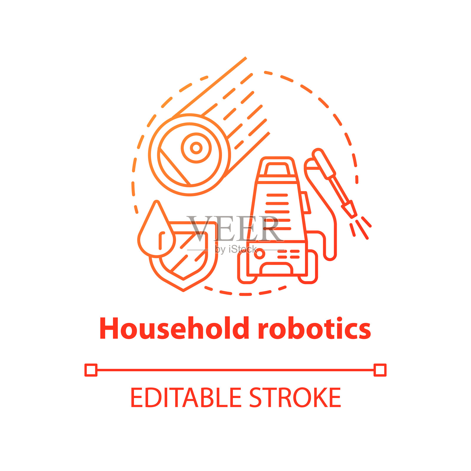 家用机器人红色概念图标。家用机器人创意细线插画。现代的技术。自动清洁机。矢量孤立轮廓绘制。可编辑的中风插画图片素材