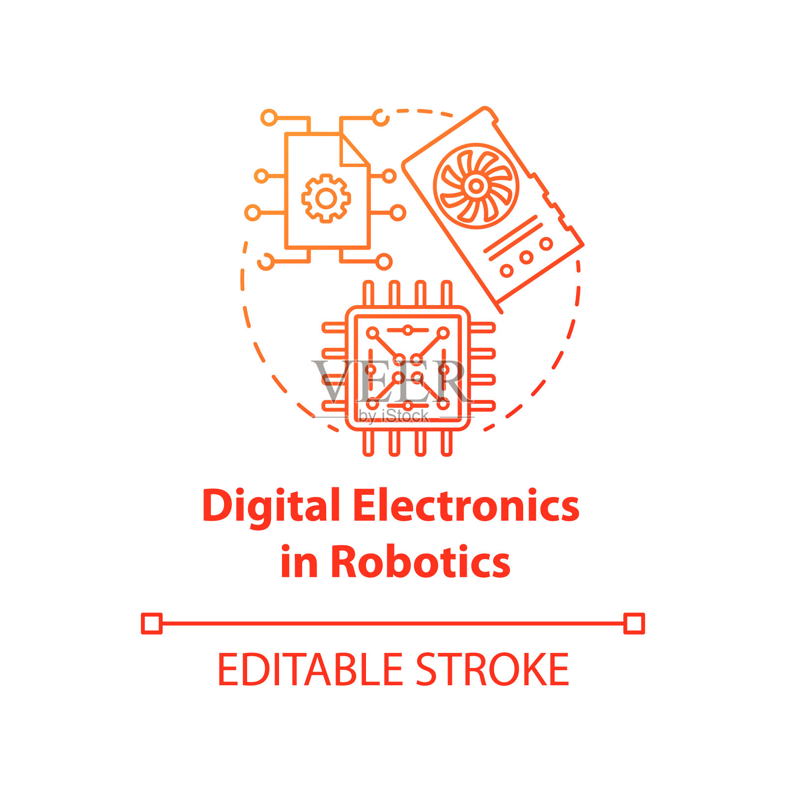 机器人中的数字电子学红色概念图标。计算机芯片和微方案思想的细线插图。处理器,硬件元素。矢量孤立轮廓绘制。可编辑的中风插画图片素材