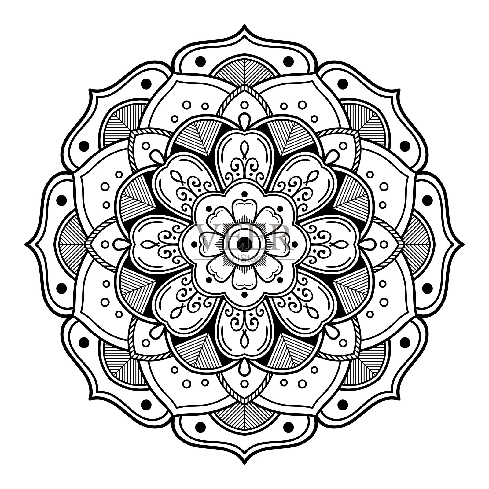 装饰性的圆形装饰，黑白相间，孤立在白色上。很好的节日装饰。适合印刷，激光切割。插画图片素材