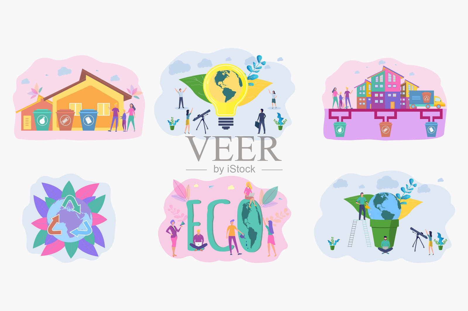 一套六款环保插图。拯救地球。海洋污染，全球变暖，森林火灾，洪水，森林砍伐，一氧化碳空气污染。生态。五彩缤纷的矢量插图。插画图片素材