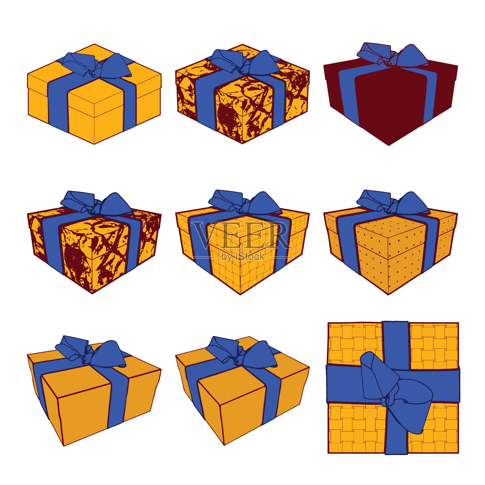 一套彩色礼品盒与蝴蝶结和丝带。矢量图集合插画图片素材