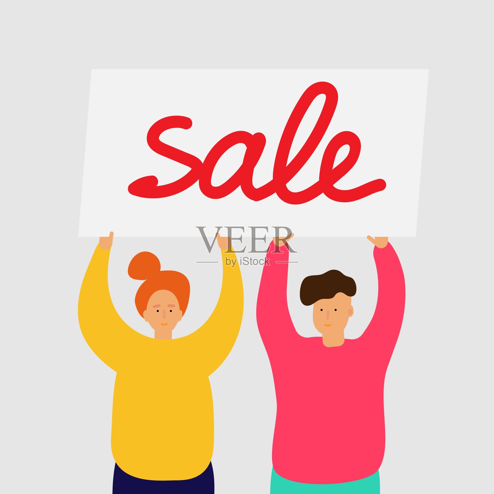 微笑的女孩和男孩站着，举着销售旗帜设计元素图片