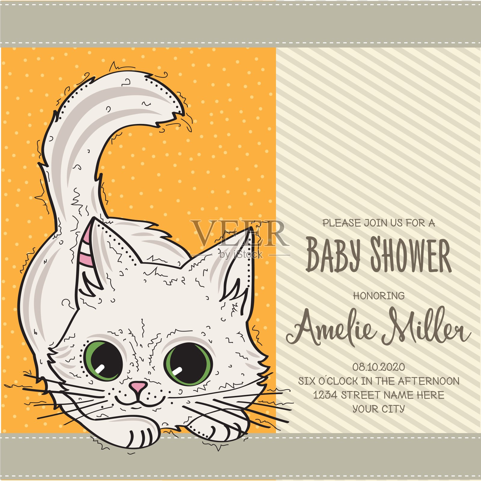 宝宝淋浴卡模板与有趣的涂鸦小猫设计模板素材