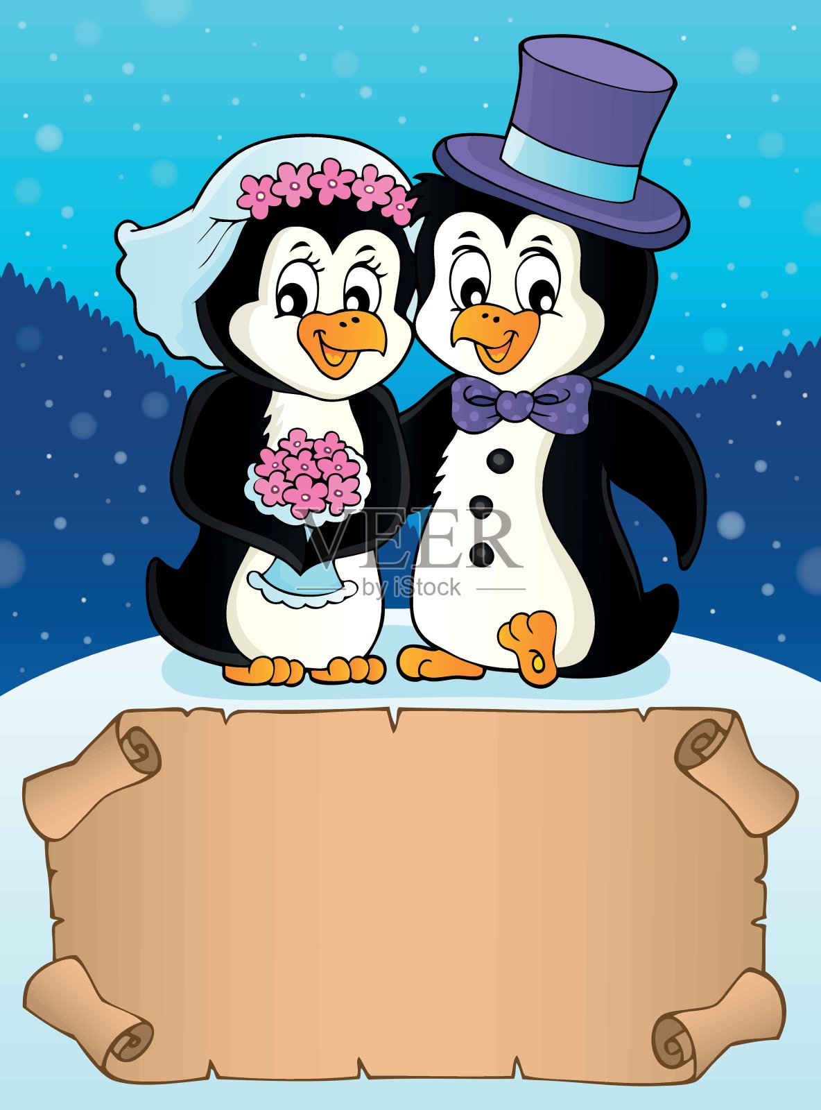 小羊皮纸和企鹅的婚礼插画图片素材