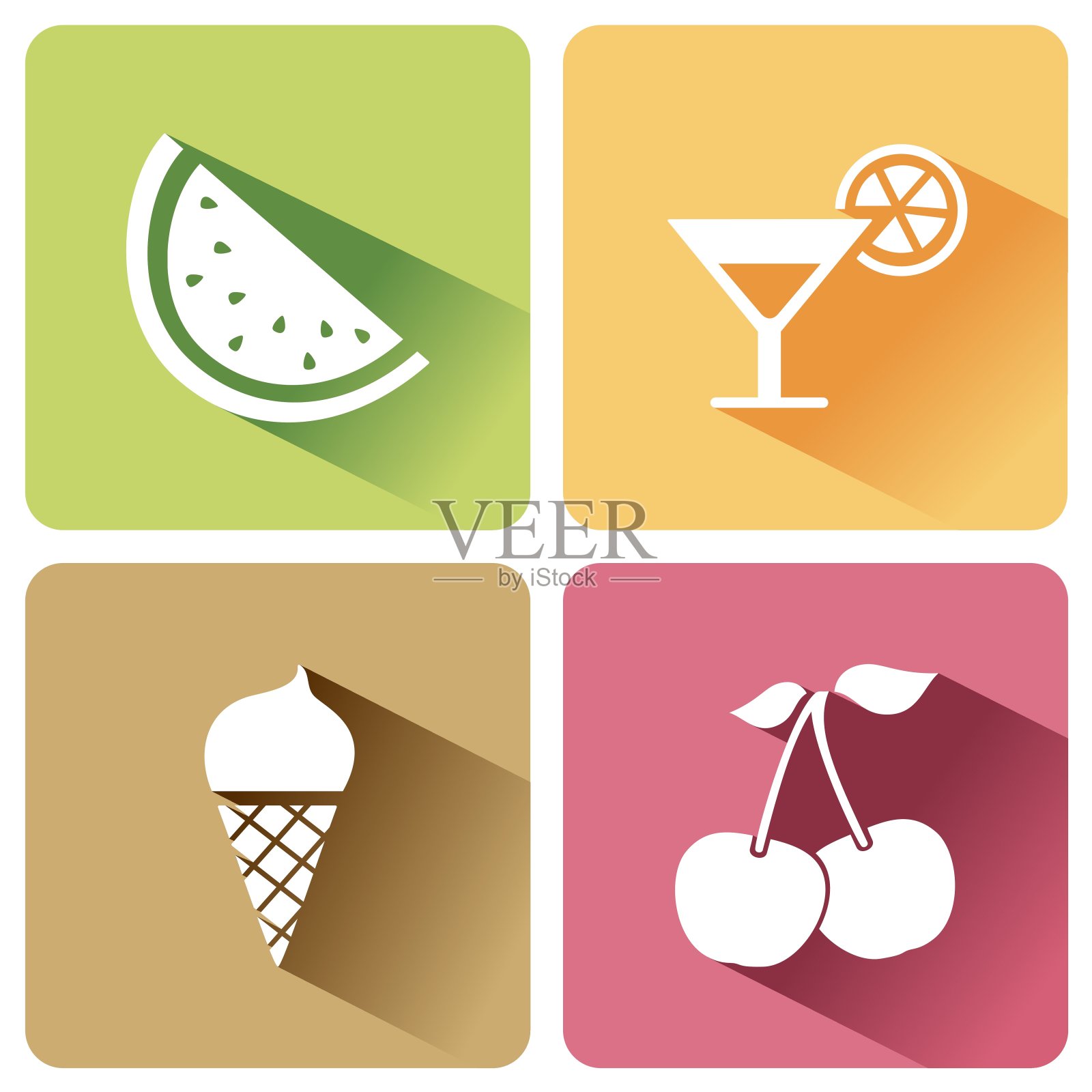 夏季食物图标与阴影在白色的背景插画图片素材