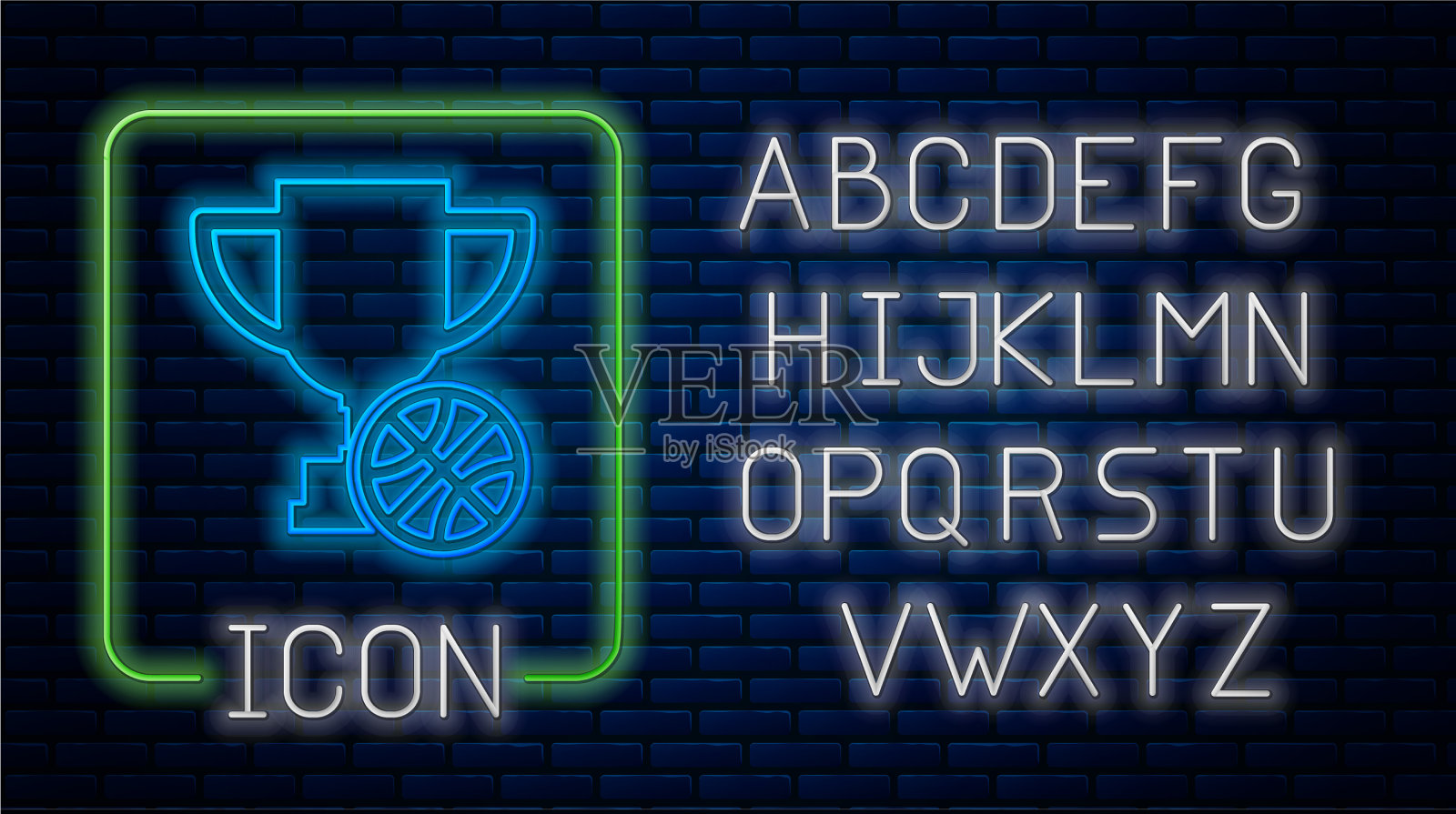 发光的霓虹奖杯与篮球图标插画图片素材