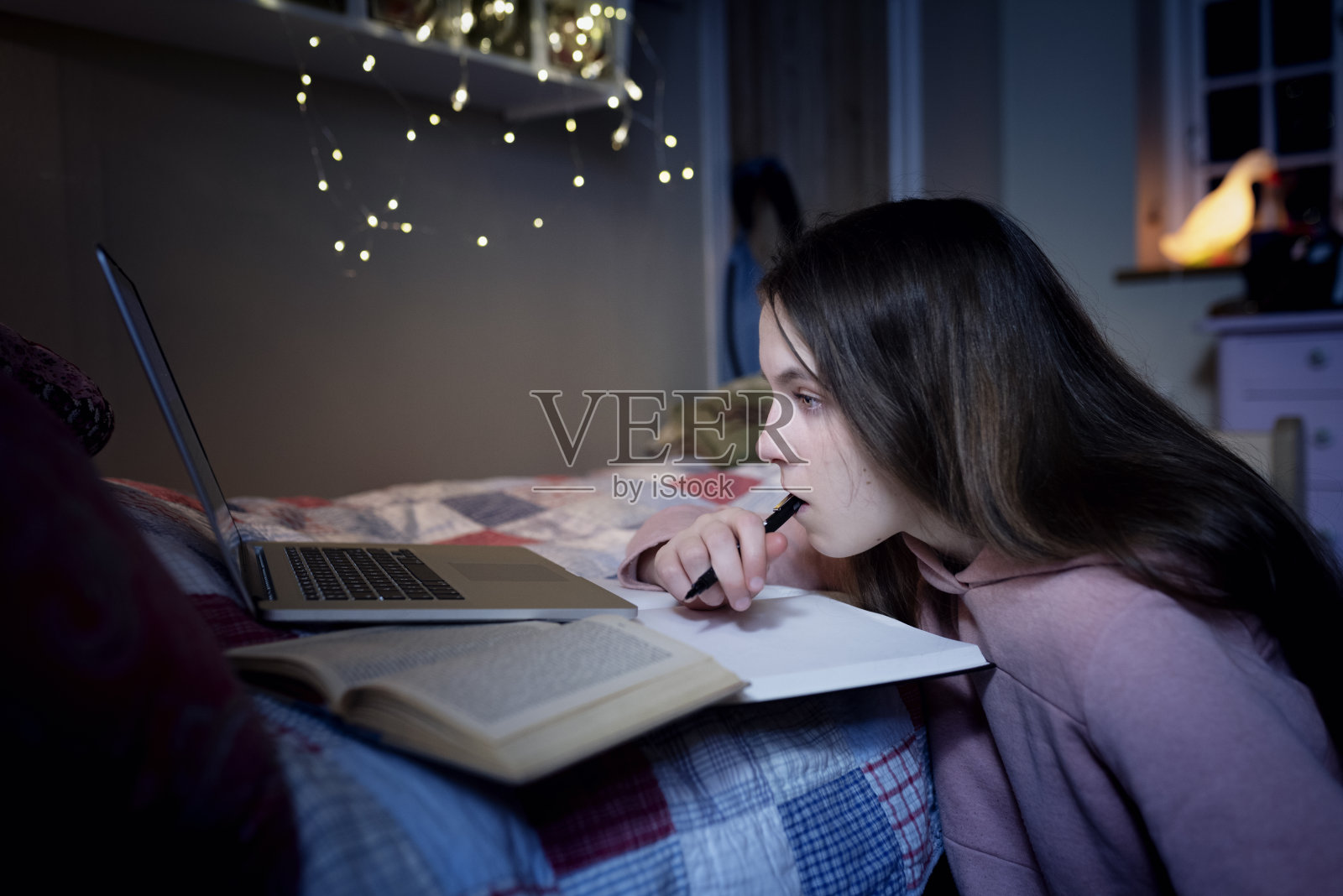 少女在禁闭期间在家接受教育照片摄影图片