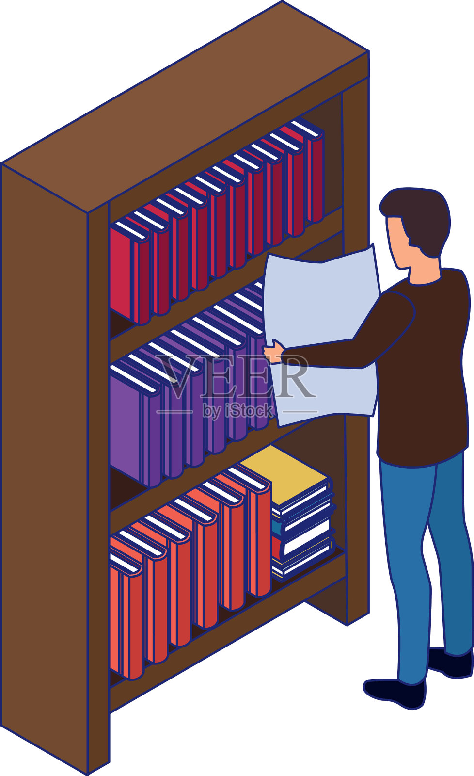 男人在看报纸和书架插画图片素材