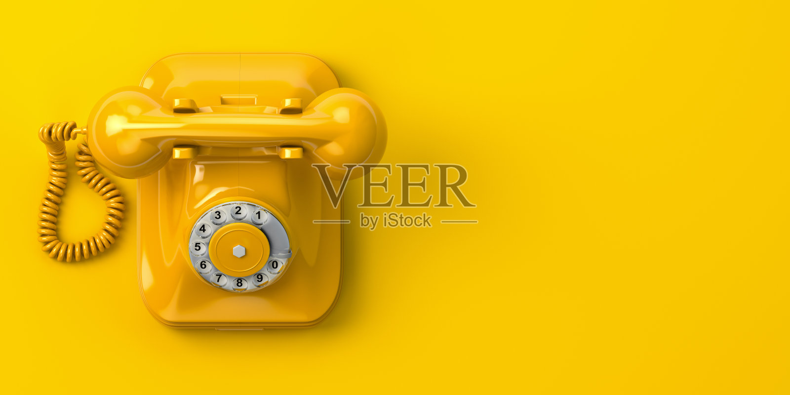 黄色背景上的老式黄色电话。三维演示照片摄影图片