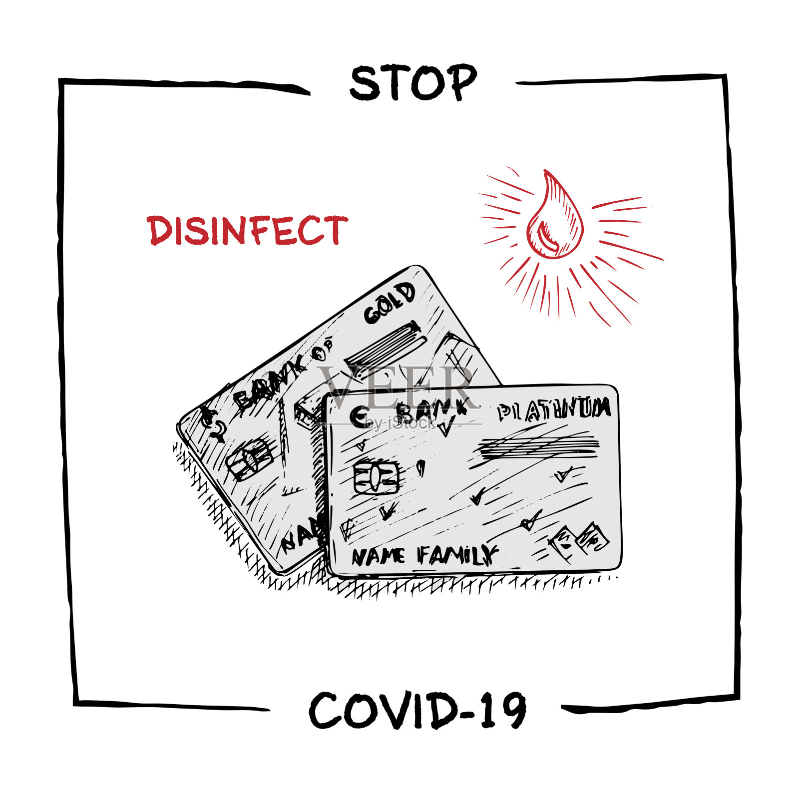 抗冠状病毒疫情医疗、社会、经济、金融信息宣传海报设计理念，文字形式为“阻止冠状病毒”素描插画图片素材