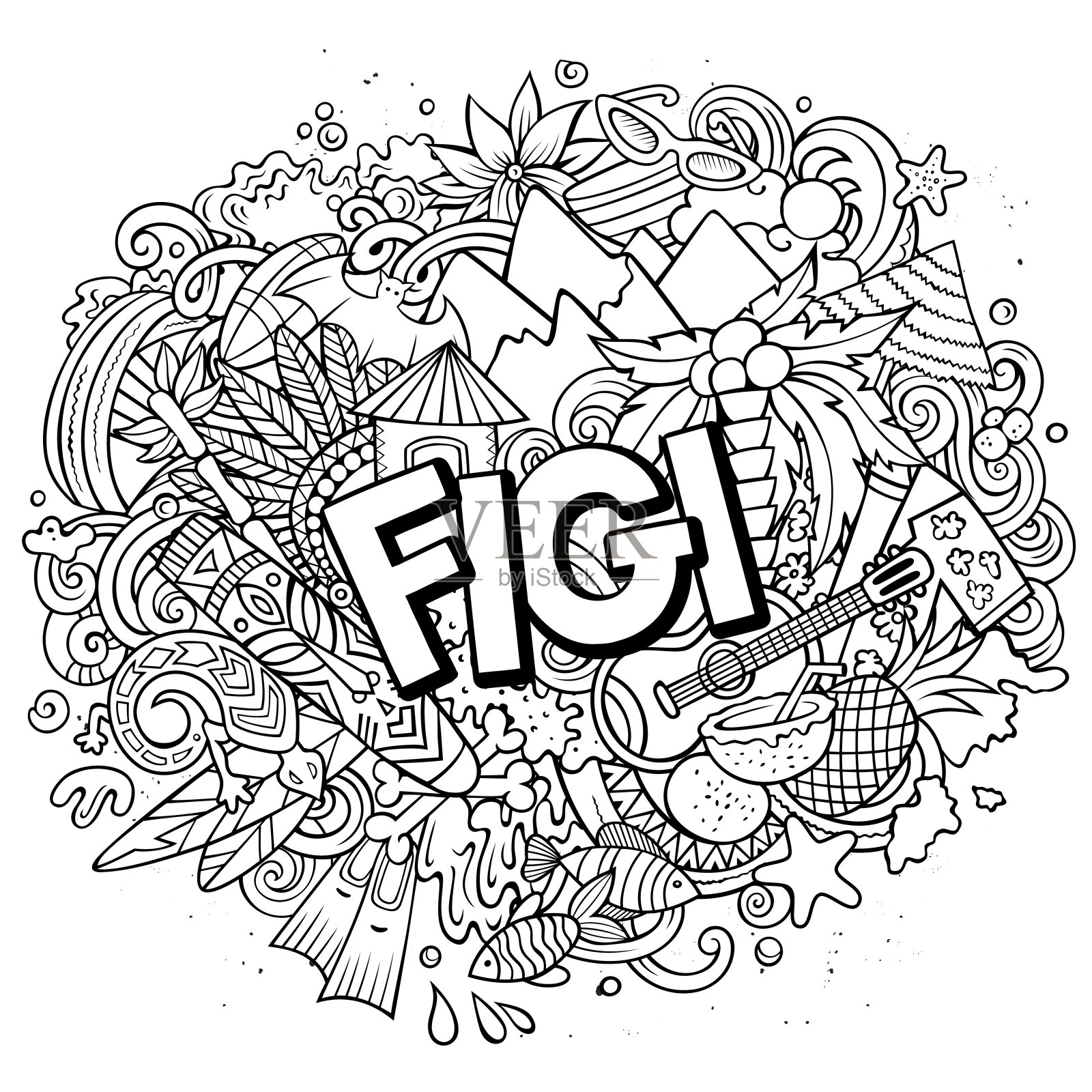 Figi手绘卡通涂鸦插图。设计有趣的旅行。插画图片素材