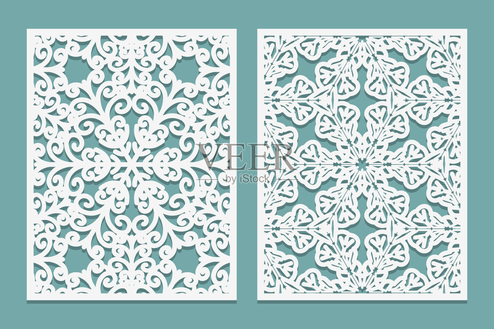 模具和激光切割装饰屏风面板与雪花设计。激光切割花边边界。一套婚礼邀请或贺卡模板。插画图片素材