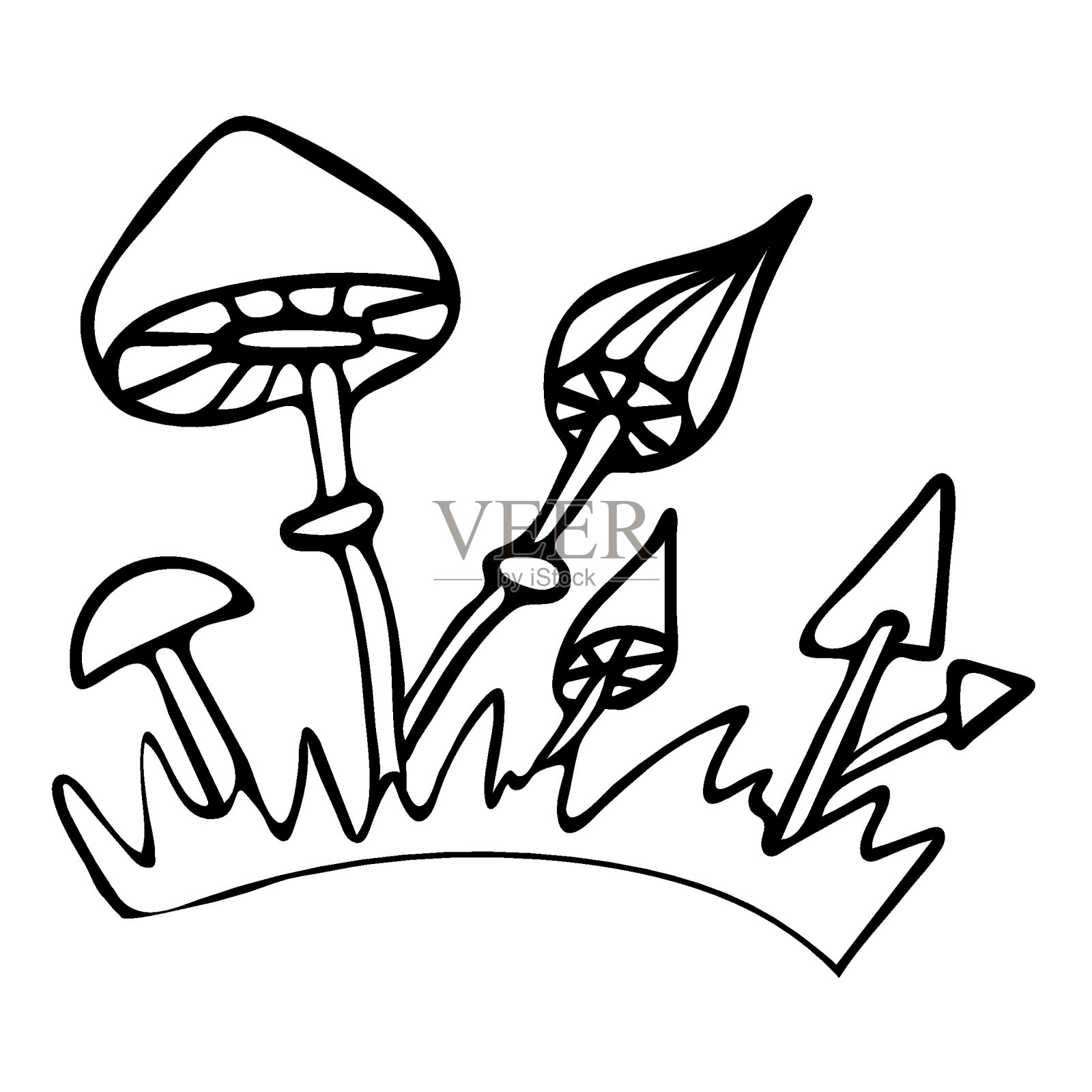 黑白蘑菇涂鸦素描插图。插画图片素材