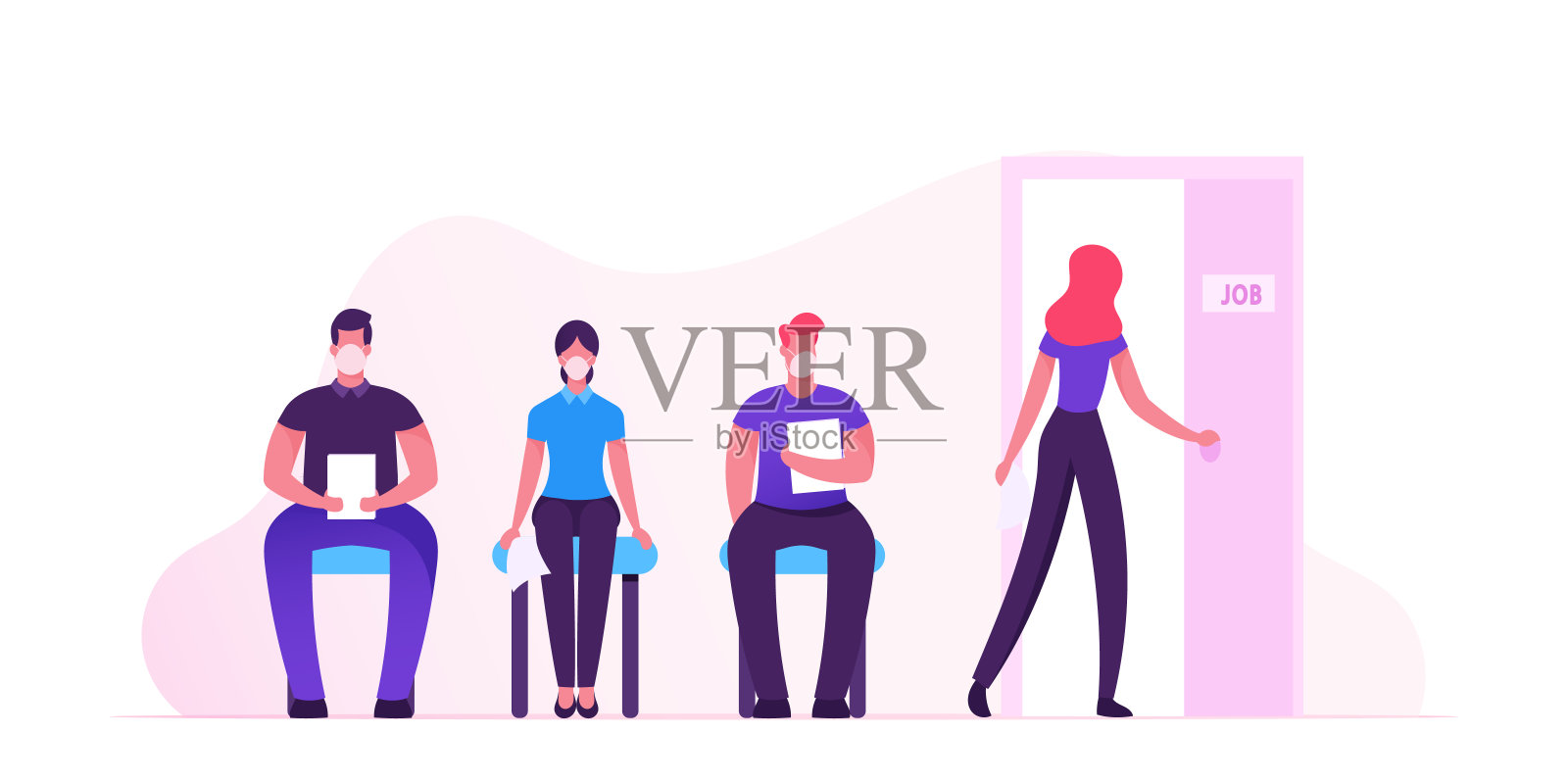 医用口罩的患者特征坐在诊所走廊等待医生预约新冠肺炎检测或诊断、保健治疗或会诊。卡通人物矢量插图插画图片素材