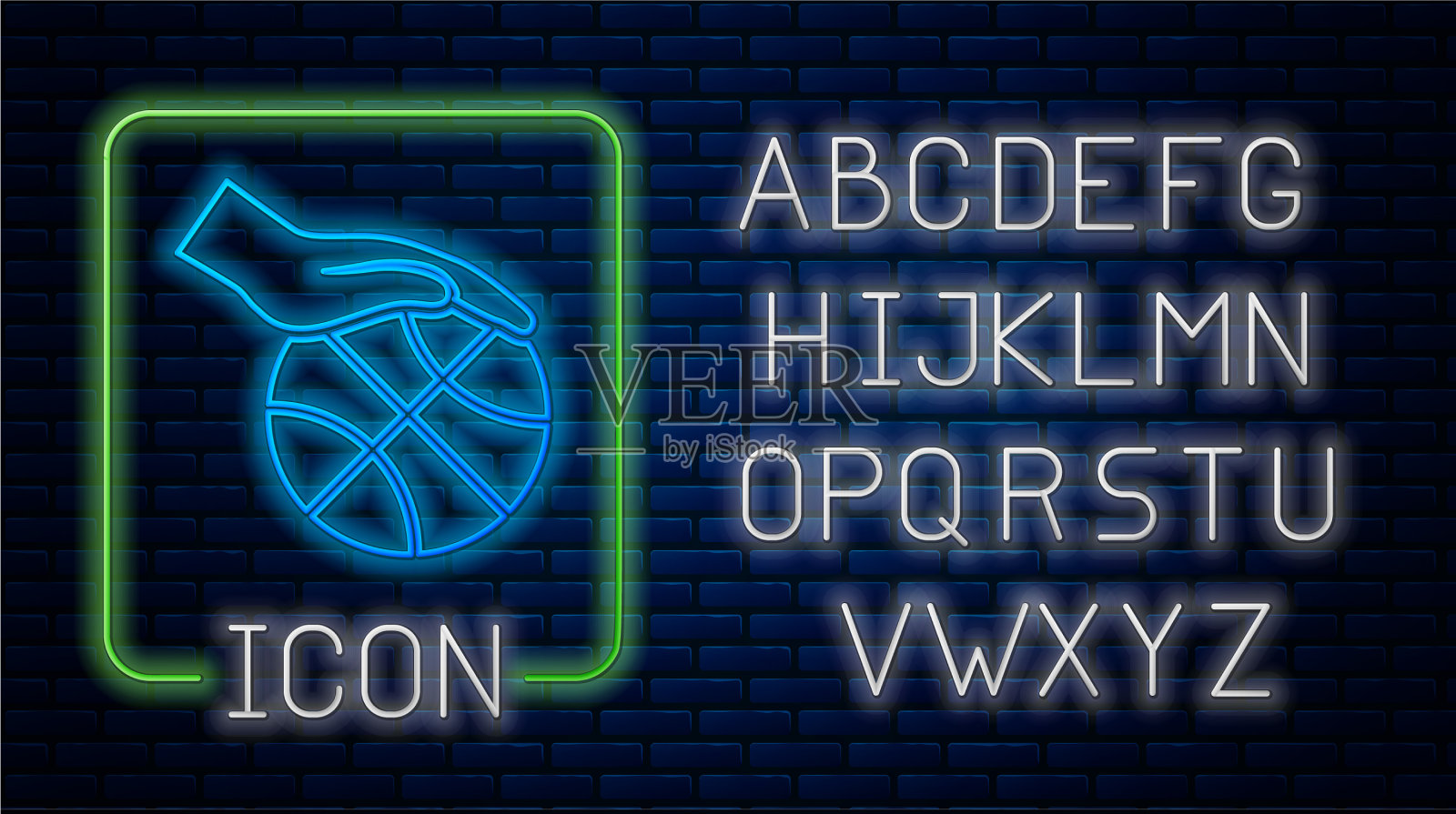 发光的霓虹灯手与篮球图标插画图片素材