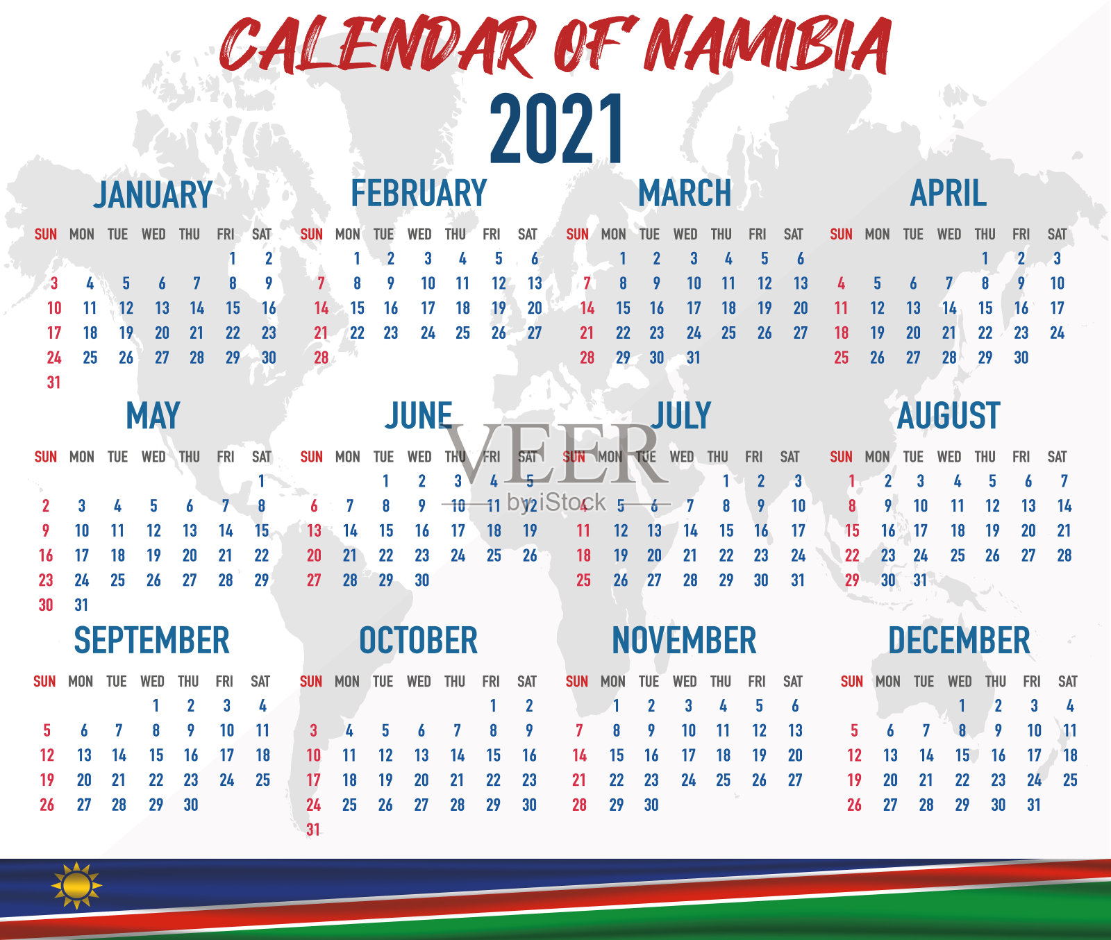 纳米比亚日历与国旗。月、日、周。色彩缤纷的调色板，时尚简约的平面设计。矢量插图背景为网络，桌面，商业，提醒，计划，排版设计模板素材