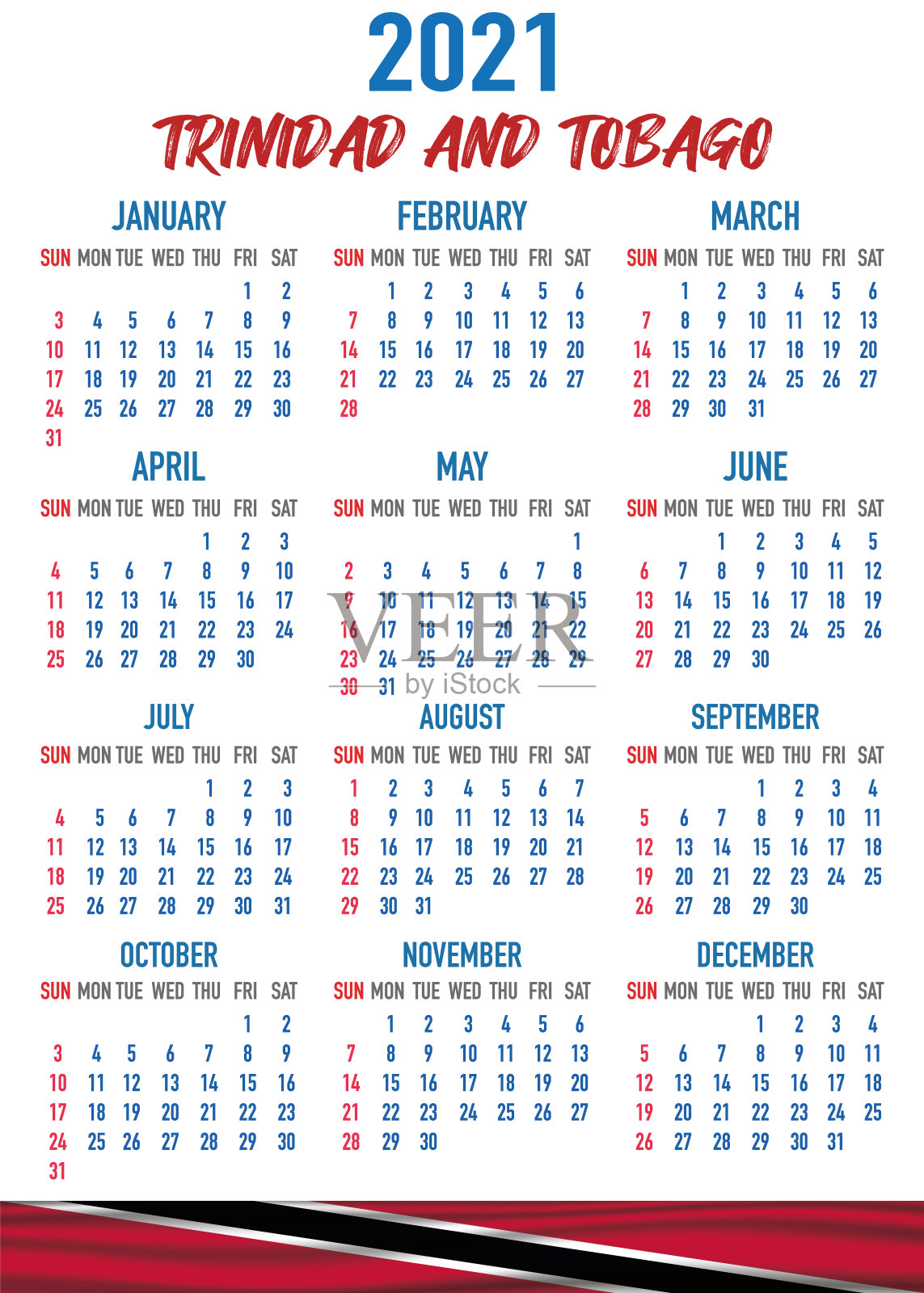 特立尼达和多巴哥日历和国旗。月、日、周。色彩缤纷的调色板，时尚简约的平面设计。矢量插图背景为网络，桌面，商业，提醒，计划，排版设计模板素材