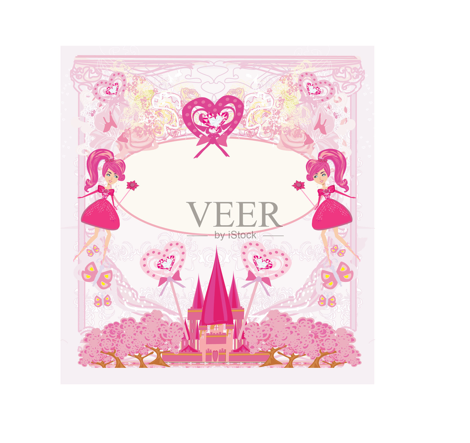 童话般的框架与小仙女和粉红色插画图片素材