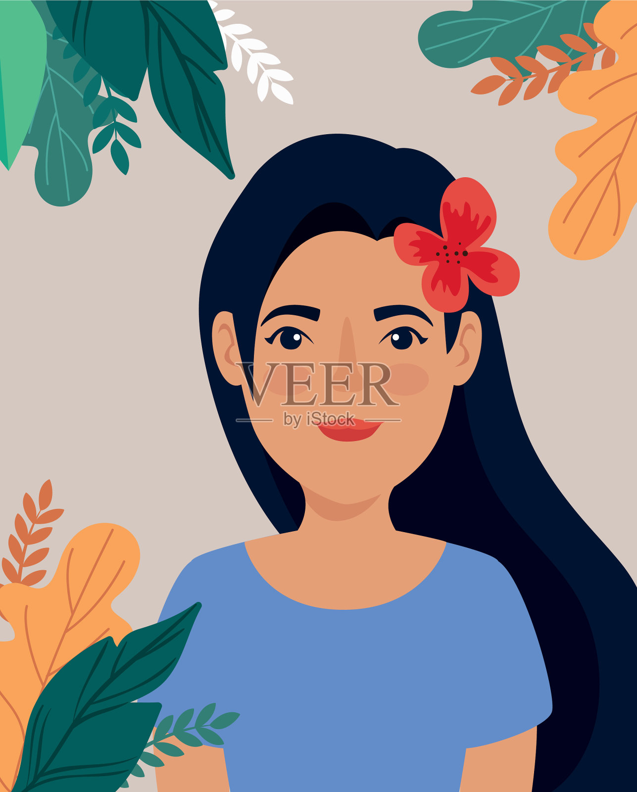 美丽的女人与叶热带化身插画图片素材