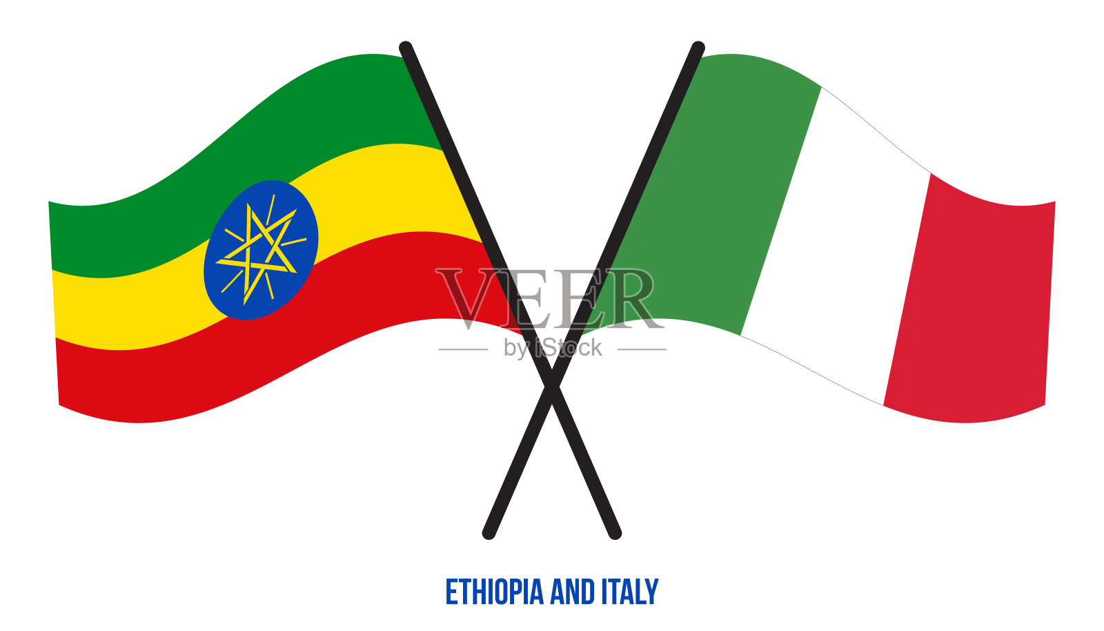 埃塞俄比亚和意大利旗帜交叉和挥舞扁平风格。官方的比例。正确的颜色插画图片素材