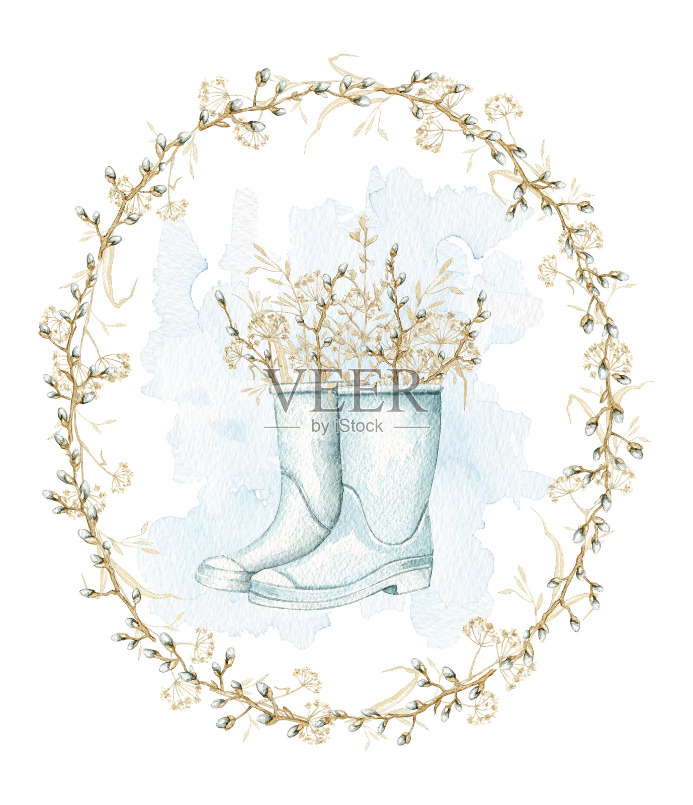 水彩蓝色胶靴与花束与树枝和干香草在椭圆形的框架插画图片素材