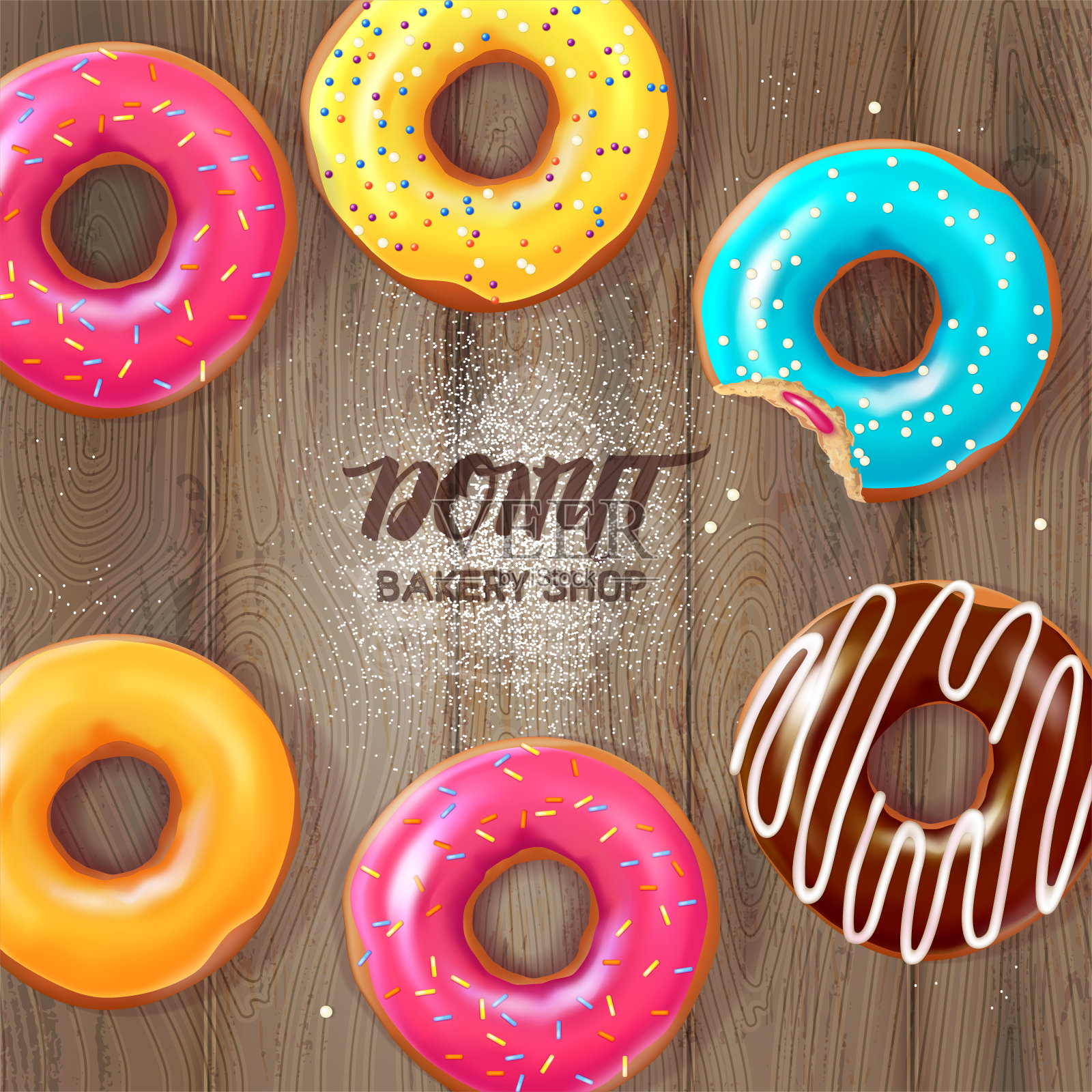 木桌上的甜釉甜甜圈。烘焙店的概念。现实的矢量图插画图片素材