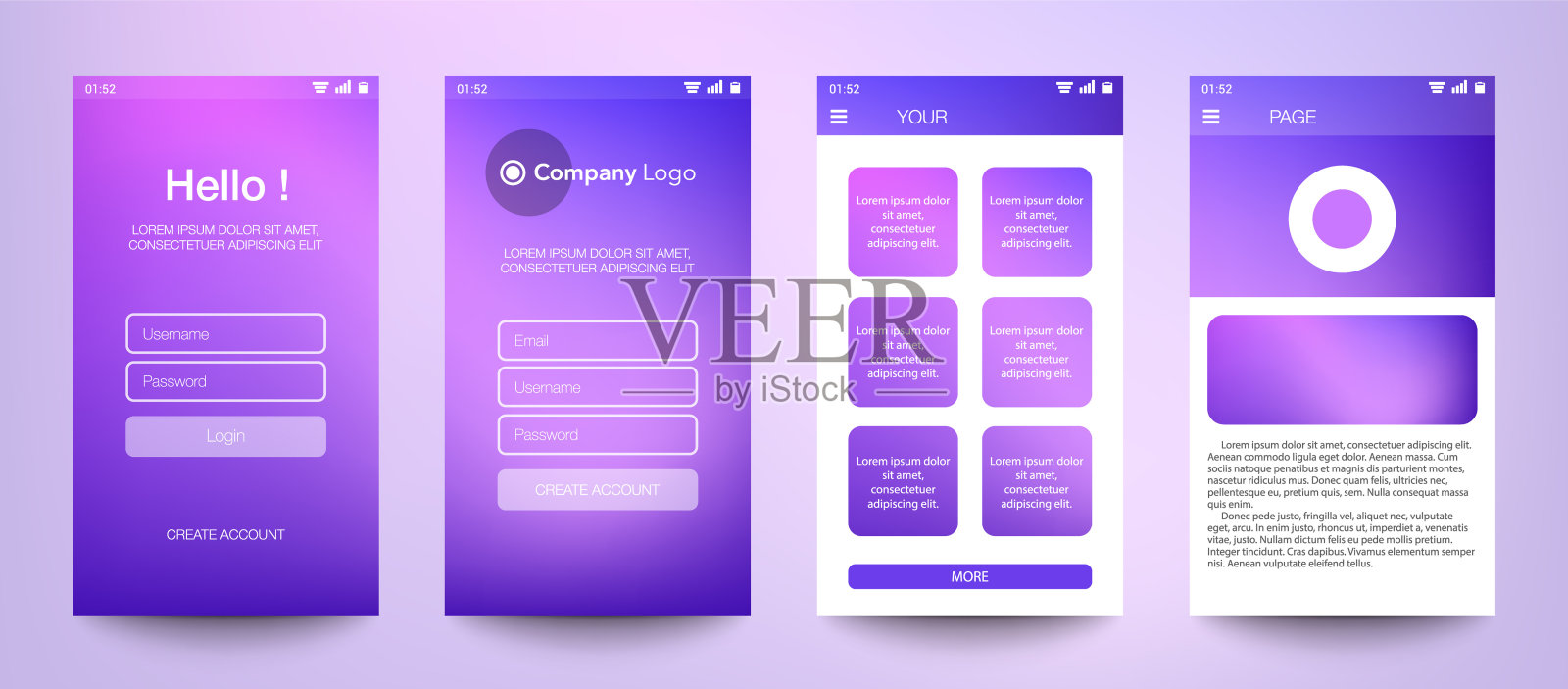 手机应用、UI、UX、GUI设计。设置用户注册屏幕与登录和密码输入，帐户登录，注册，主页。现代风格。最小的应用程序。UI设计模板。接口设计模板素材