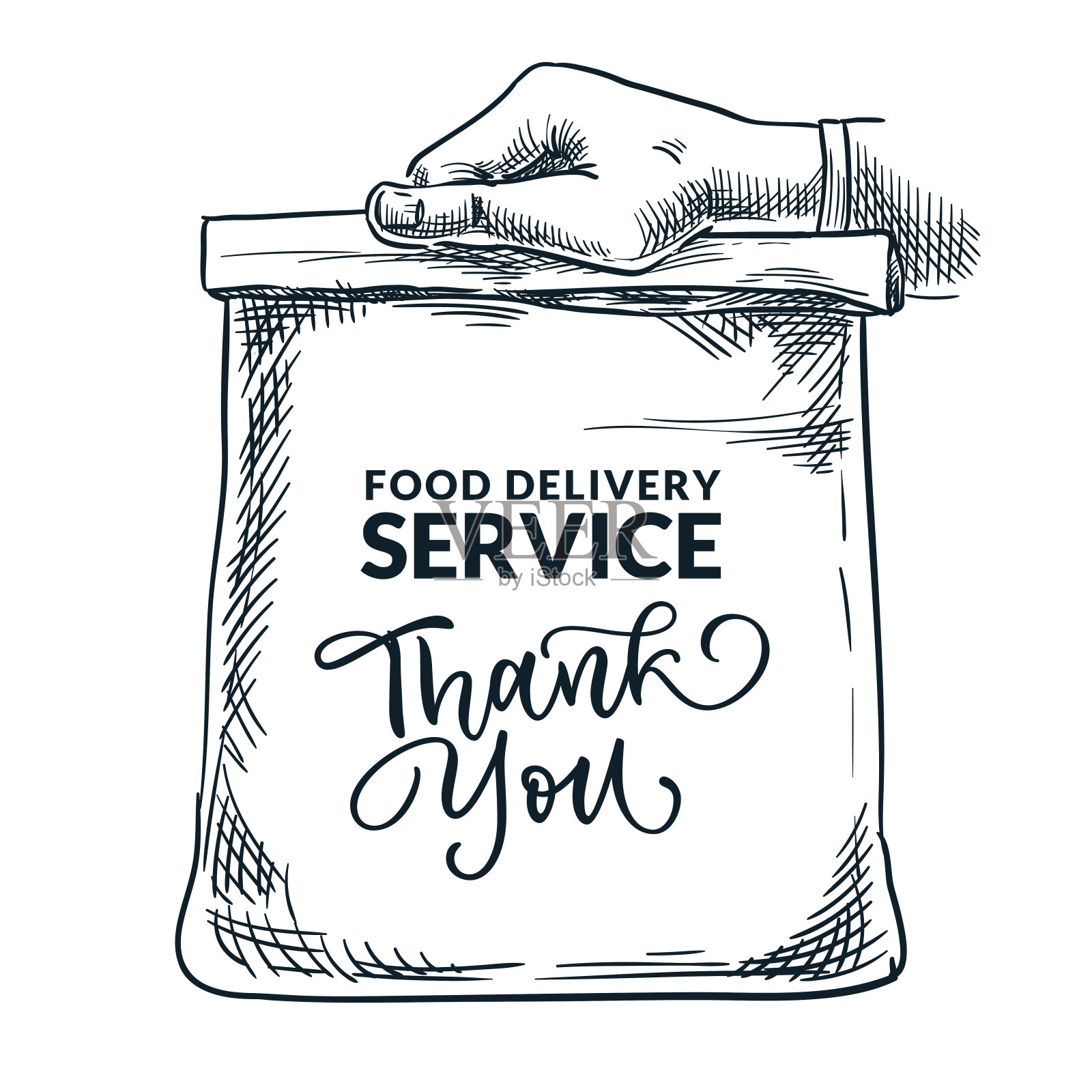 人手拿纸袋。外卖服务理念。外卖餐包的矢量示意图。插画图片素材