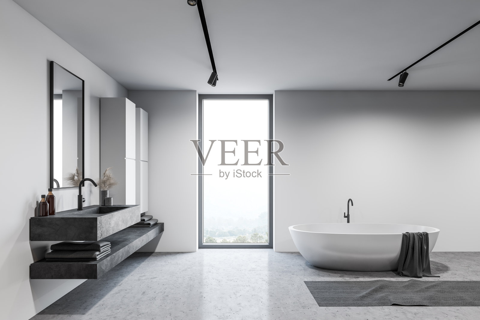 阁楼白色浴室内部与浴缸和水槽照片摄影图片