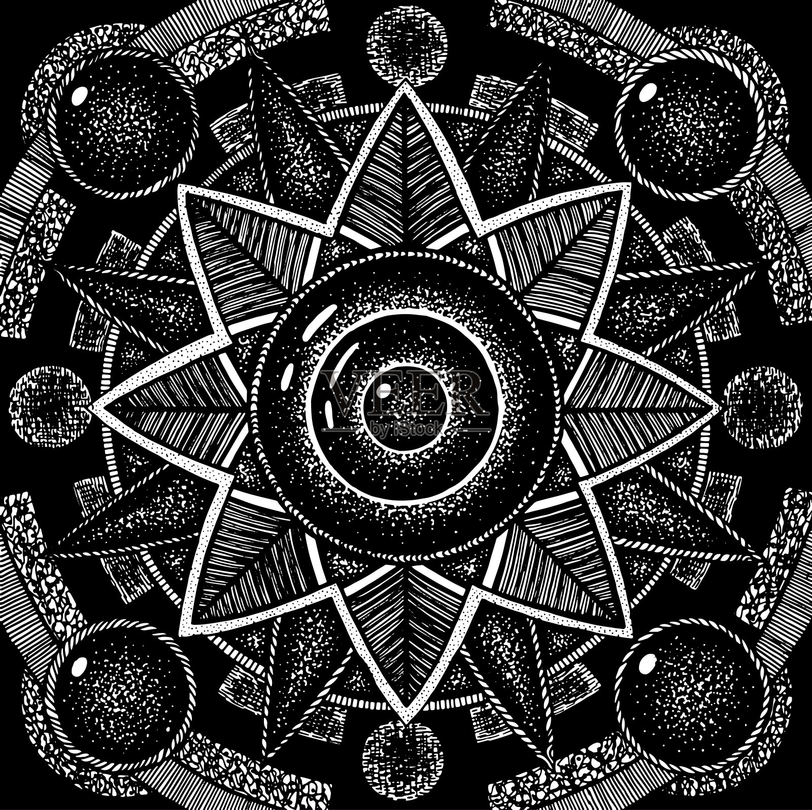 花几何曼荼罗。水墨黑白写实绘画。神圣几何学的风格。新时代和迷幻设计的传单。矢量插图。插画图片素材