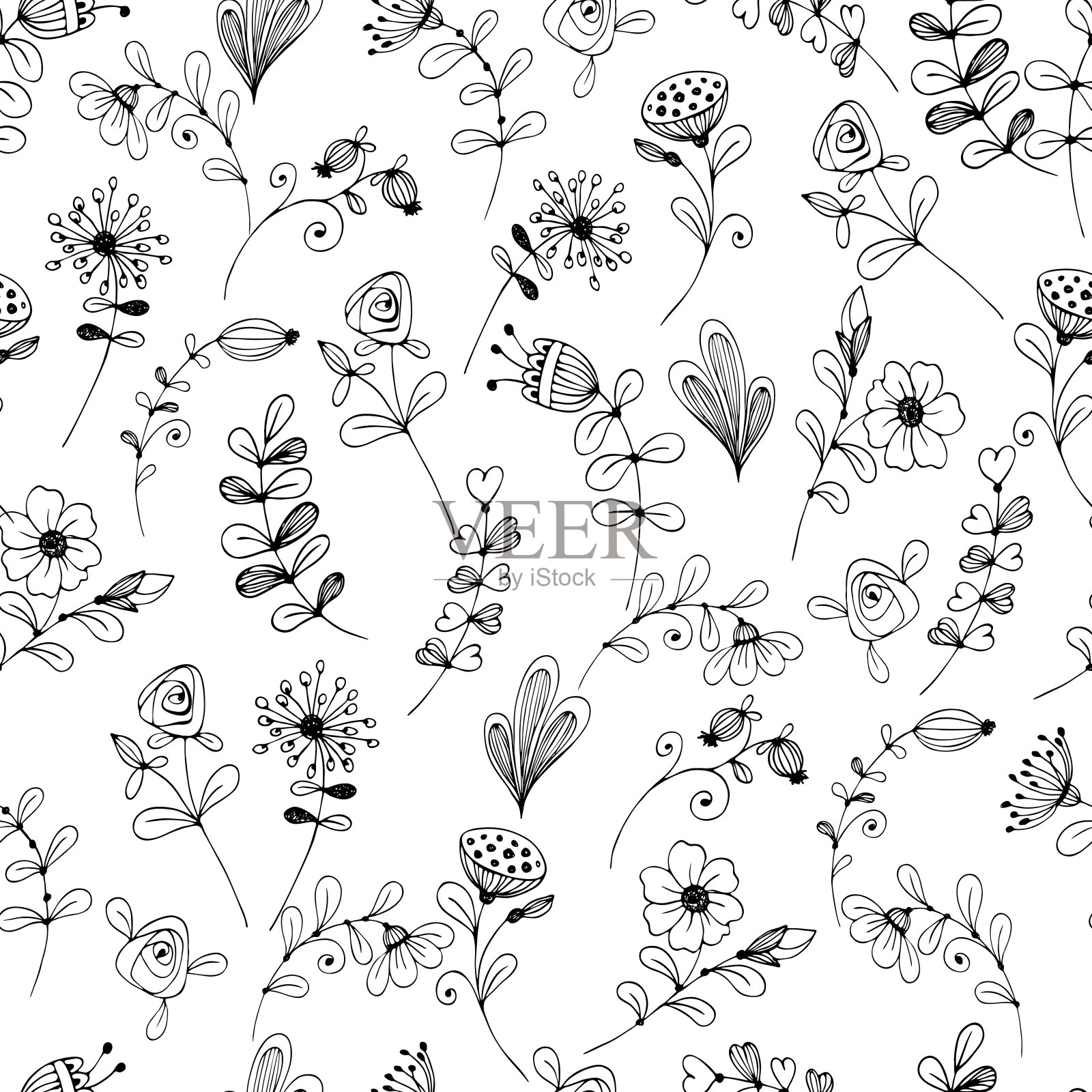 涂鸦花黑白图案。向量插画图片素材