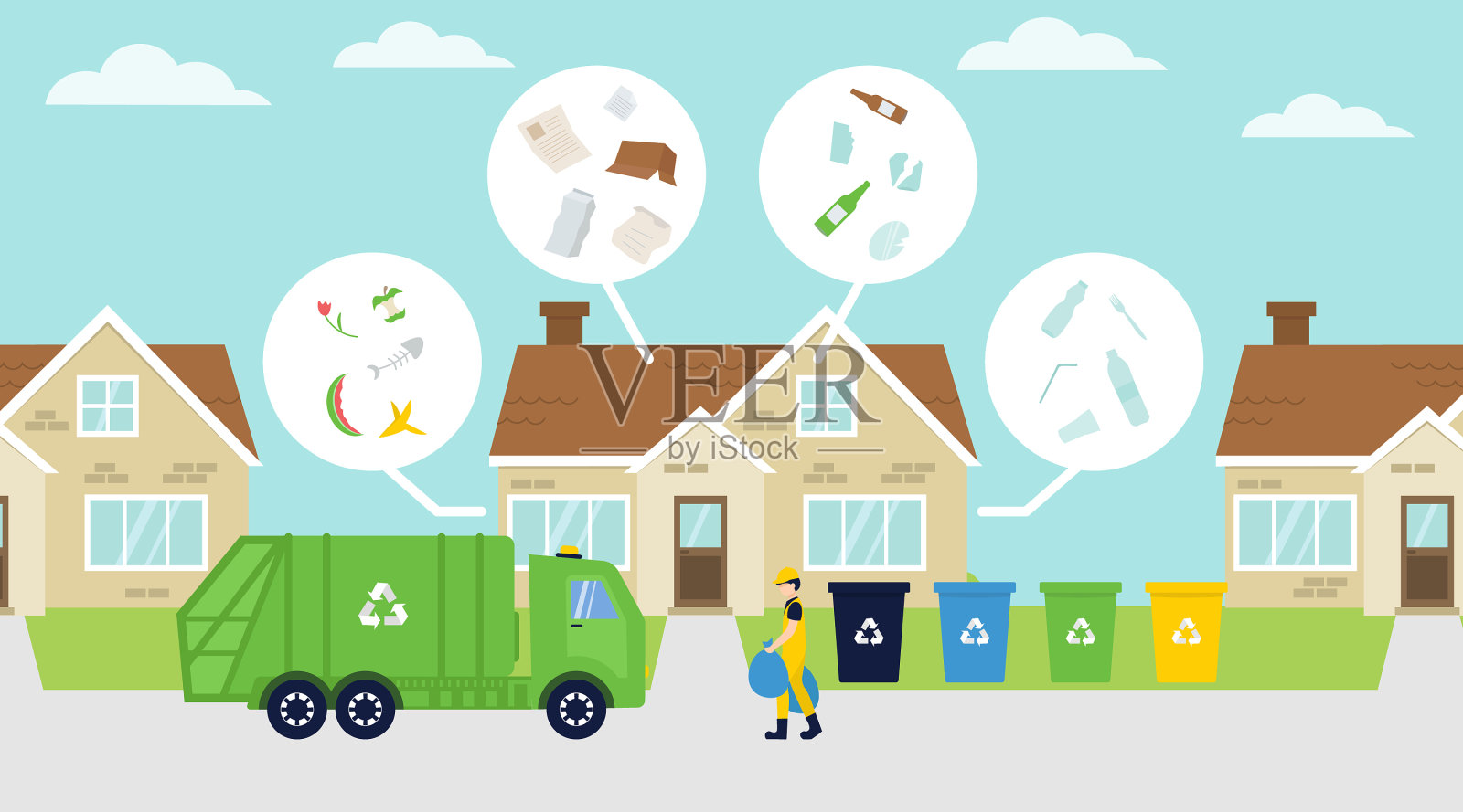 将垃圾、垃圾、汽车、街道和房屋分开插画图片素材