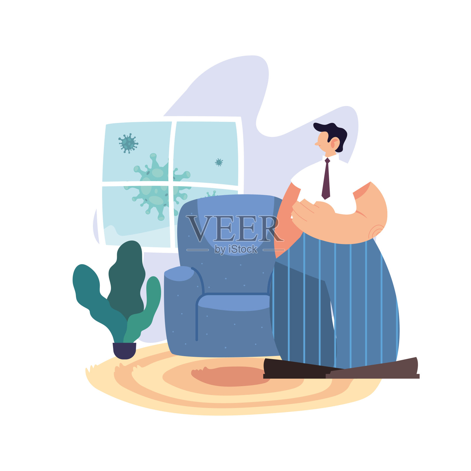 男子呆在家里阻止病毒的爆发和传播设计元素图片